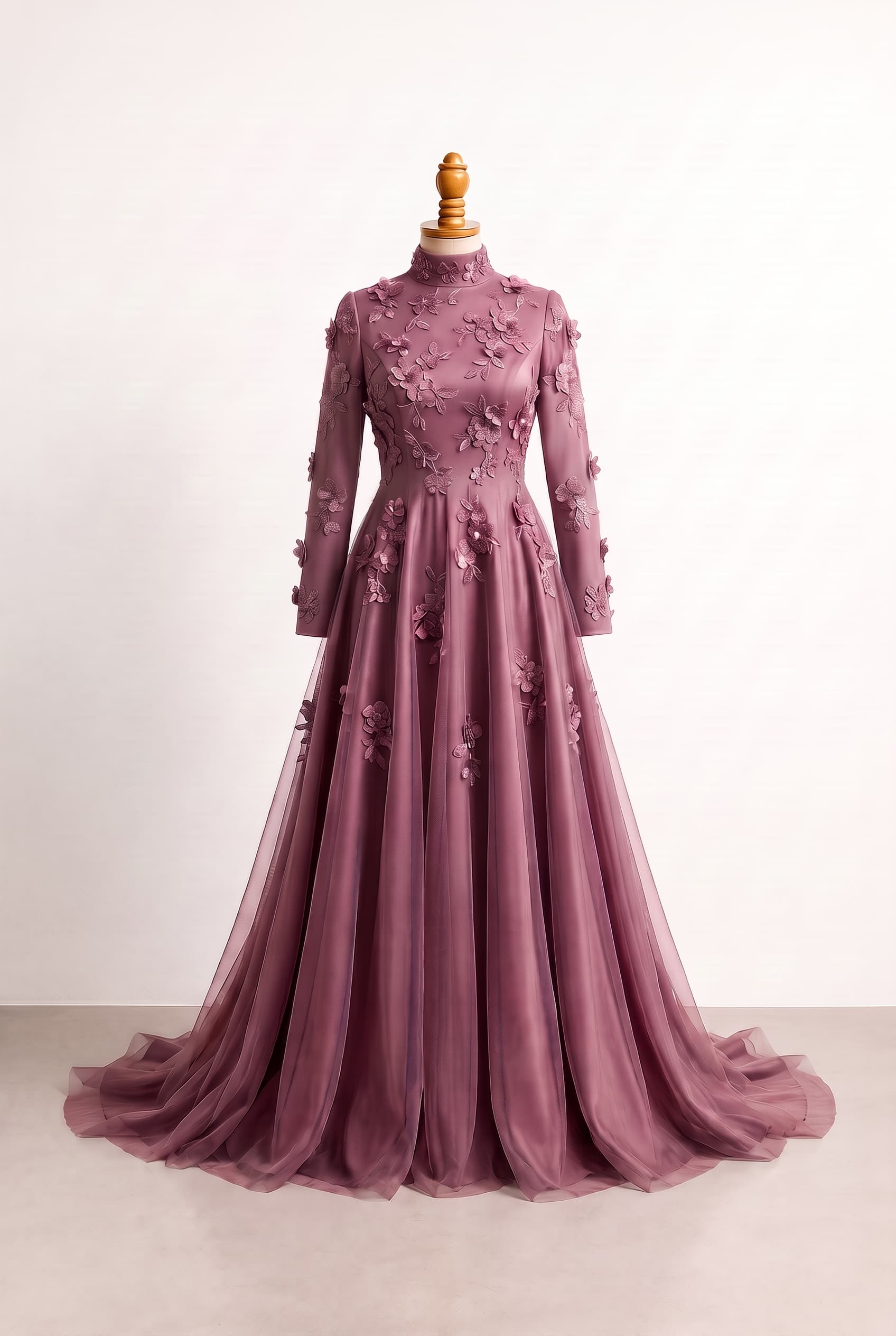 An elegant, classic bridal gown with a fitted bodice, softly defined, and full flowing skirt, refined and graceful with delicate dimensional floral detailing; clean front line, elegant movement, and refined restraint; emphasize airy, graceful movement; Soft; clean front line, elegant movement, and refined restraint; clean front line, elegant movement, and refined restraint