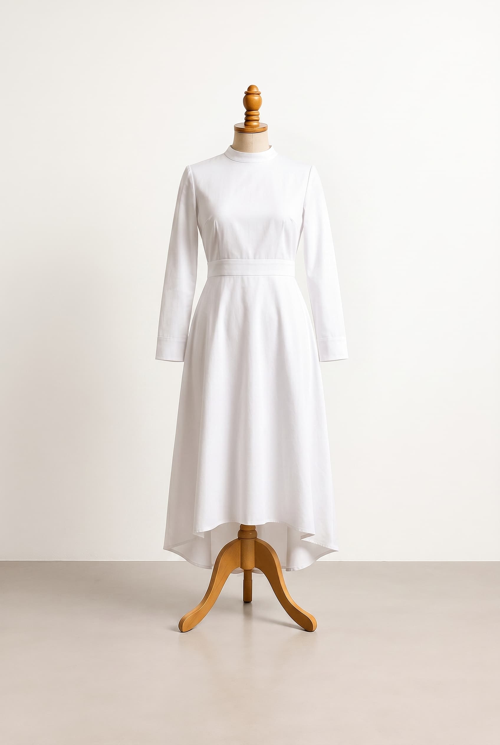 I want a modest white dress with a midi high low cut that covers my shoulders