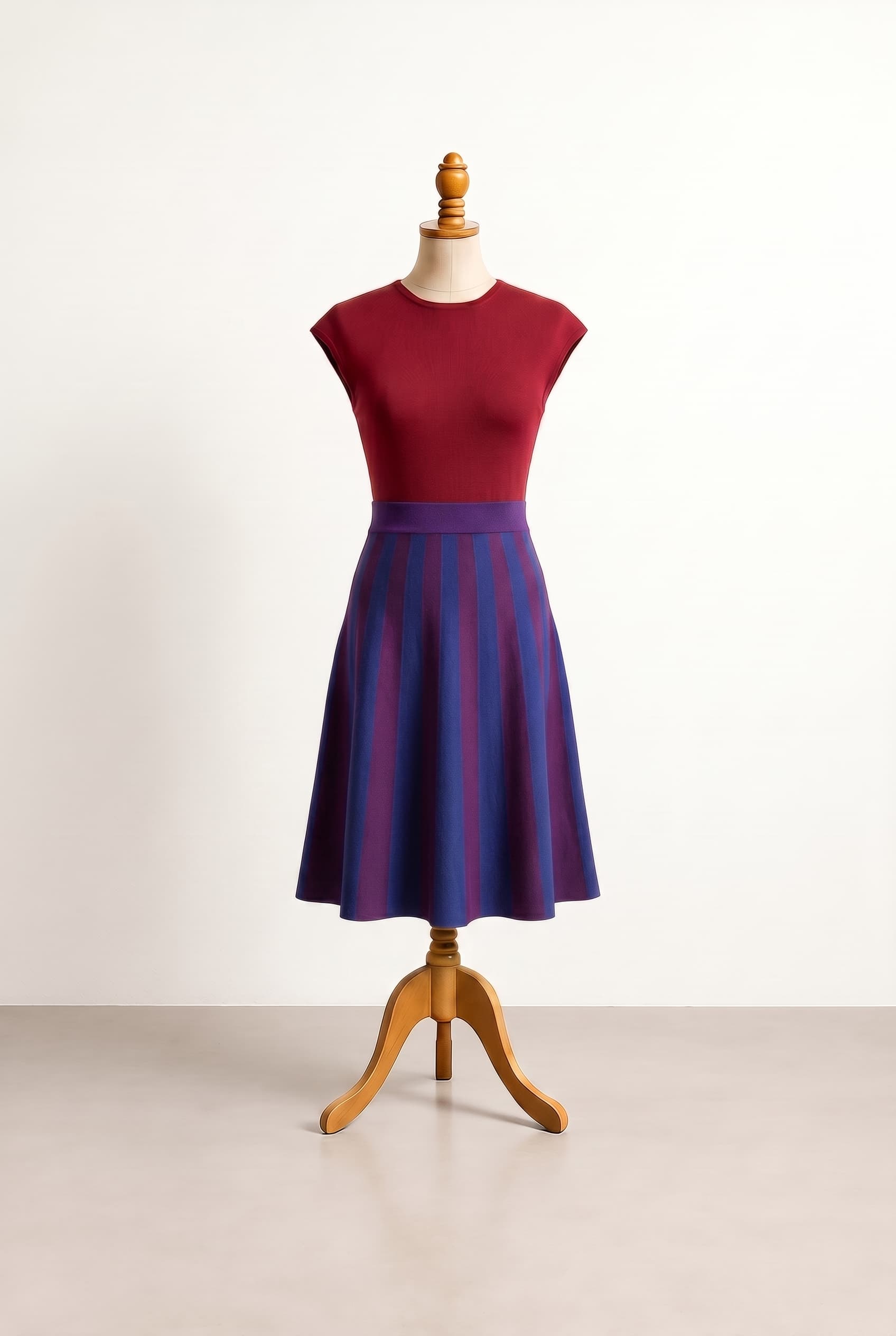 Balanced knit dress with a dark red cap sleeve top, knee-length A-line skirt featuring deep purple and royal blue large downward stripes, with an added deep purple fabric band at the waist and doubled-width stripes.