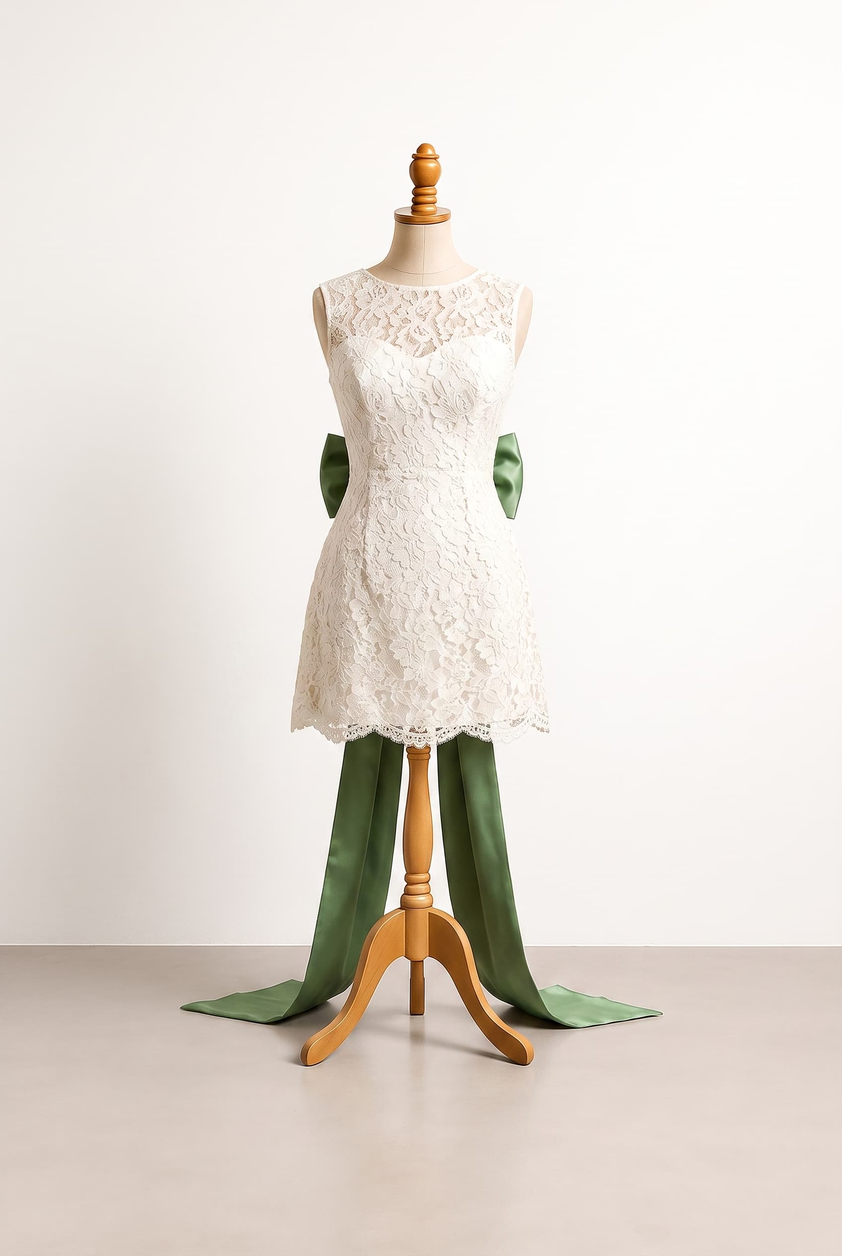 I want a off white dress, short just above the knees, a green trail bow at the back, lace, green