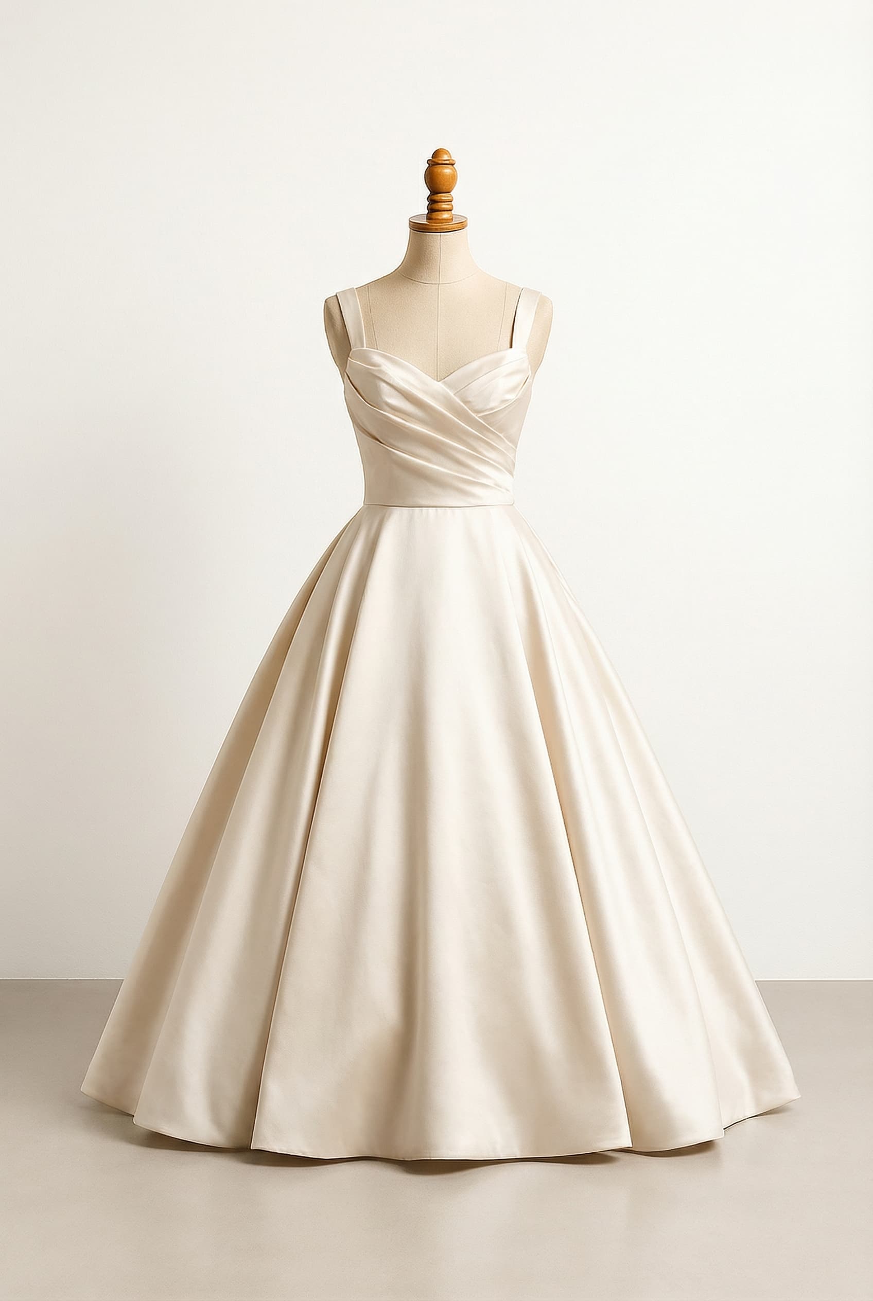 Draped Satin Sculpted Neckline Ball Gown with integrated straps emerging from within the bodice, with the neckline drape continuing cleanly and intentionally, resolving before the skirt without soft ruching.