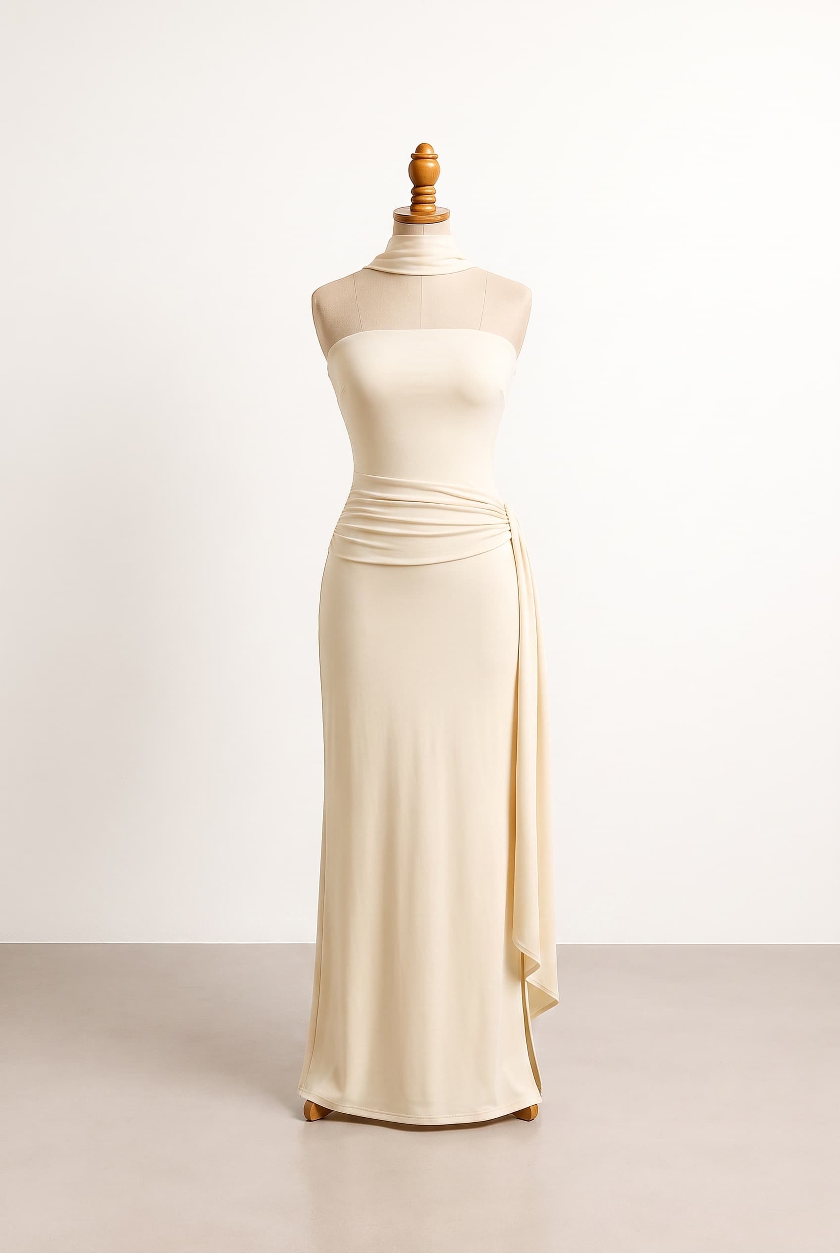 Match the uploaded reference exactly, including the scarf and every visible styling detail; keep the entire look unchanged and change only the dominant color to warm cream; clean front line, elegant movement, and refined restraint; emphasize one distinctive signature detail; clean front line, elegant movement