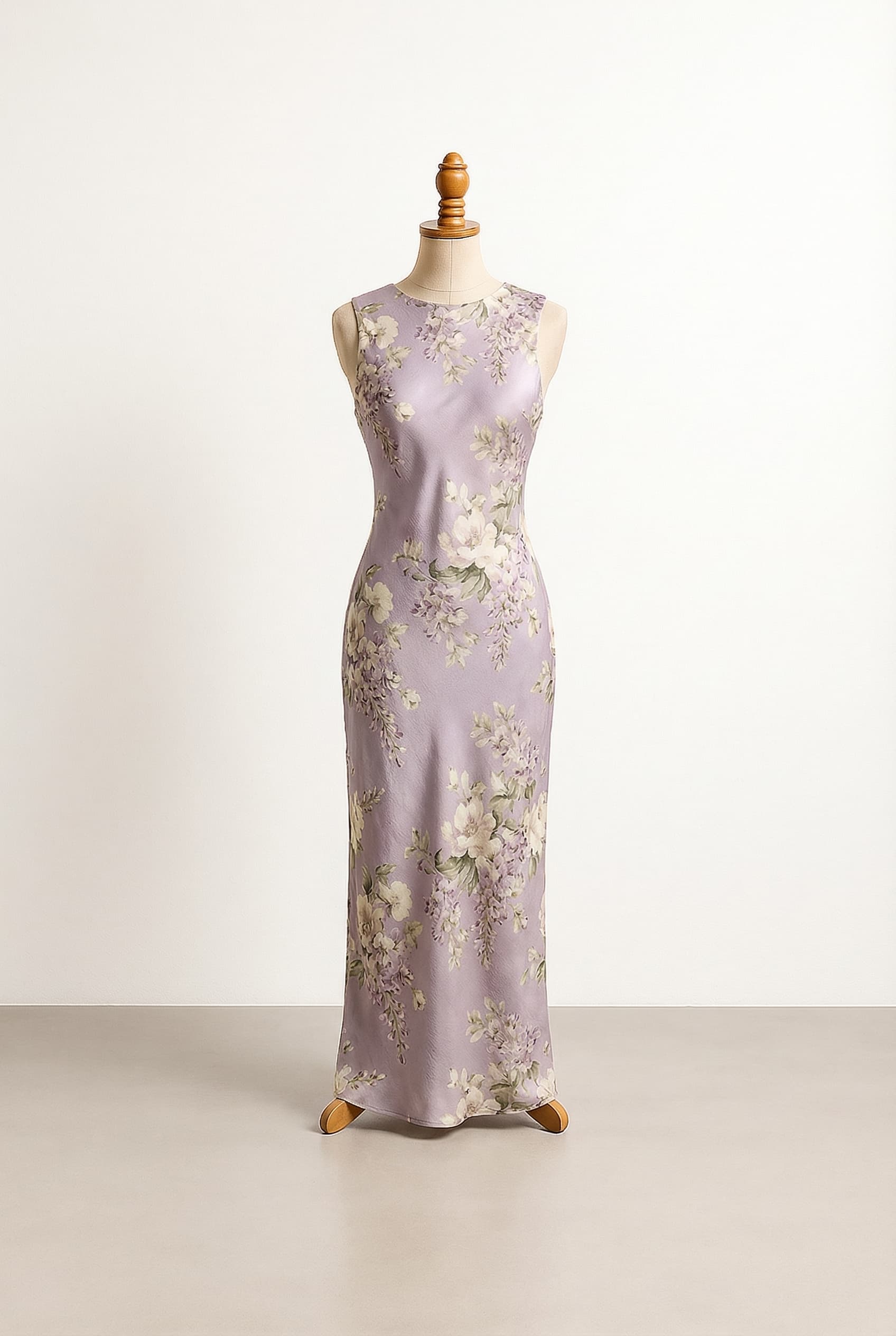 I want a balanced formal dress sheath silhouette in wisteria, strapless or sleeveless, with a muted floral print