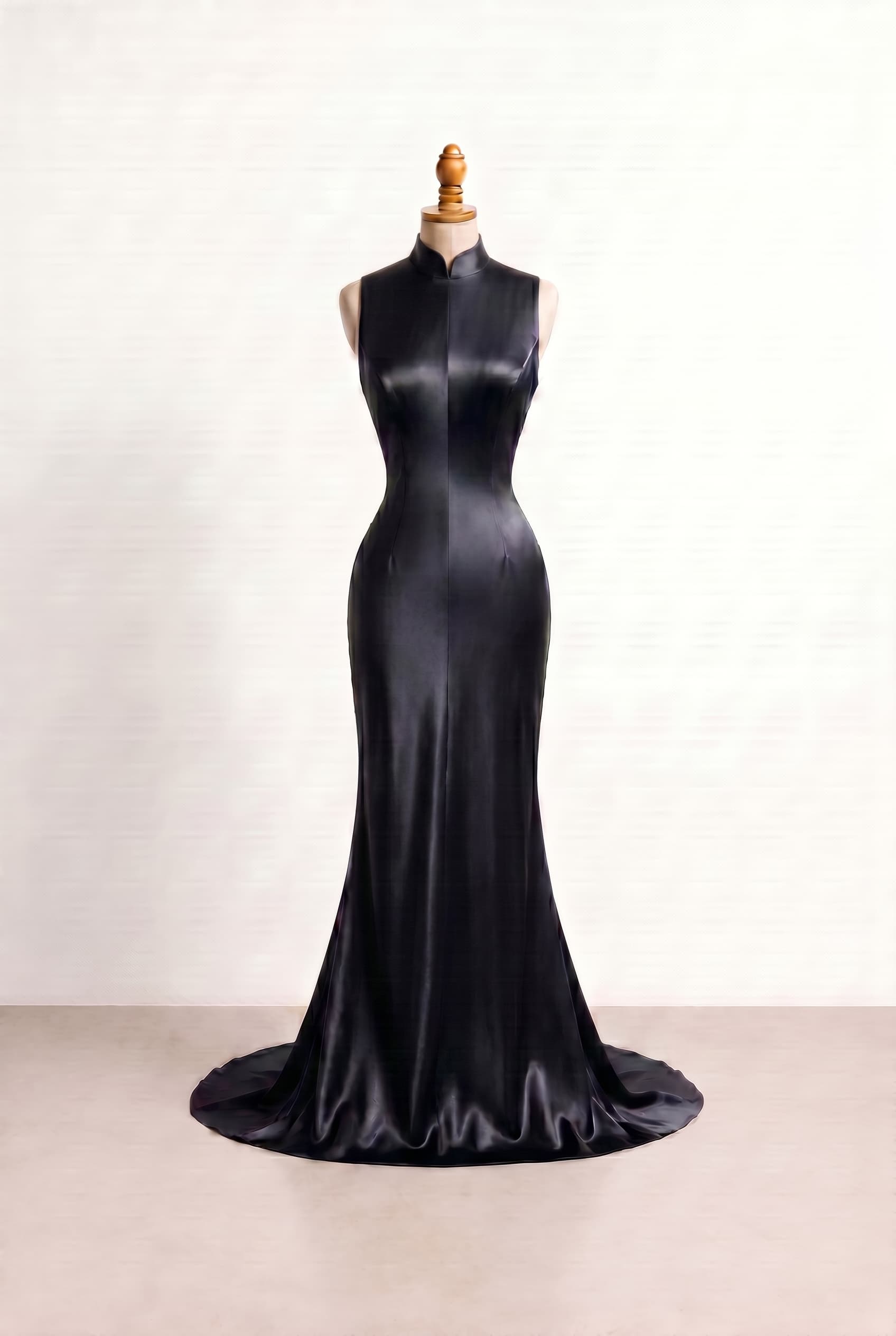 A high-impact, revealing formal gown designed for a dramatic entrance. Sharp and modern with a focus on an hourglass silhouette that highlights curves while remaining sophisticated. Liquid Obsidian color, sleeveless, featuring a collar instead of a traditional neckline, no cleavage, no train.