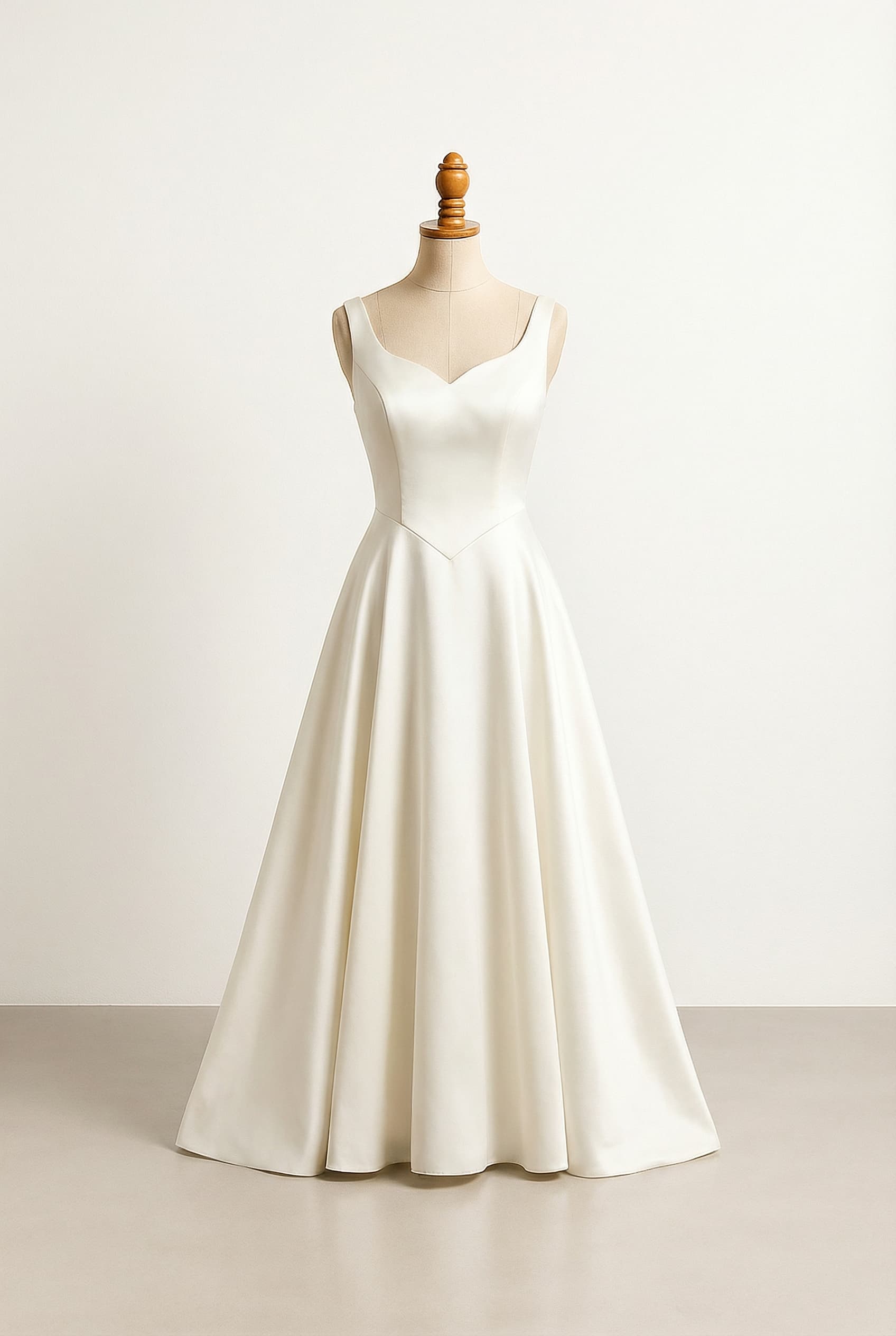Sleeveless wedding dress heart shape satin ivory (more white than yellowish) the bodice has to end in a V shape on the waist and the skirt also satin A line