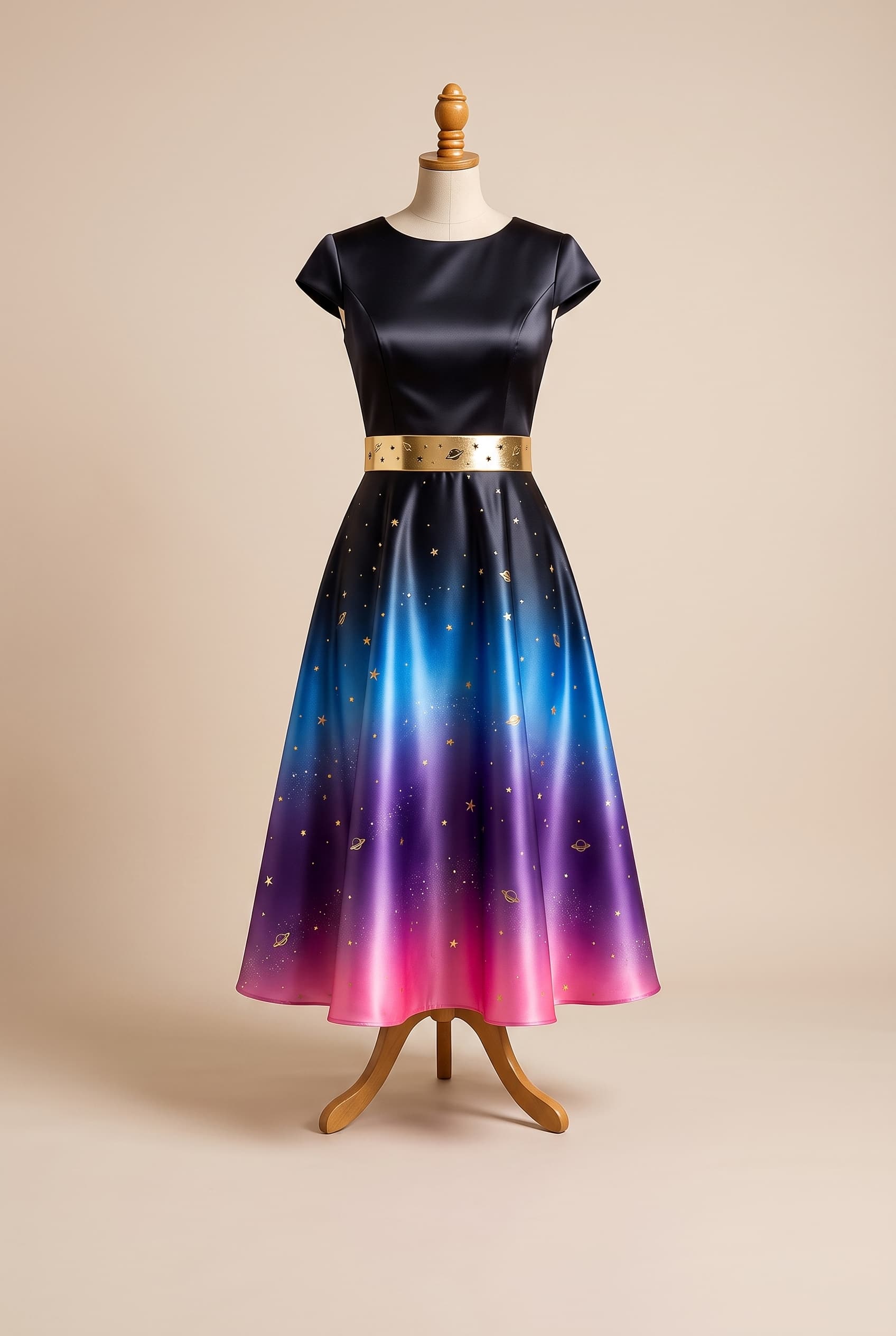 Premiere dress for *De Onmogelijke Reis* – an elegant A-line dress for a 15-year-old girl with long brown hair. The bodice is made of deep black satin with a modern, fitted silhouette. A wide, metallic gold band encircles the waist, featuring a subtle star and planet motif. From the waist down, the skirt transitions smoothly from black to bright blue, deep purple, and neon pink, echoing the color gradient of the film's logo. Delicate gold stars, tiny gold planets, and subtle shimmering details are scattered across the skirt, creating the effect of the Milky Way woven into the fabric. The back features an elegant V-cut, finished with a small gold star as a clasp. The overall look is chic, cinematic, mysterious, and luxurious—as if the dress were custom-designed for the premiere of a fantasy film.