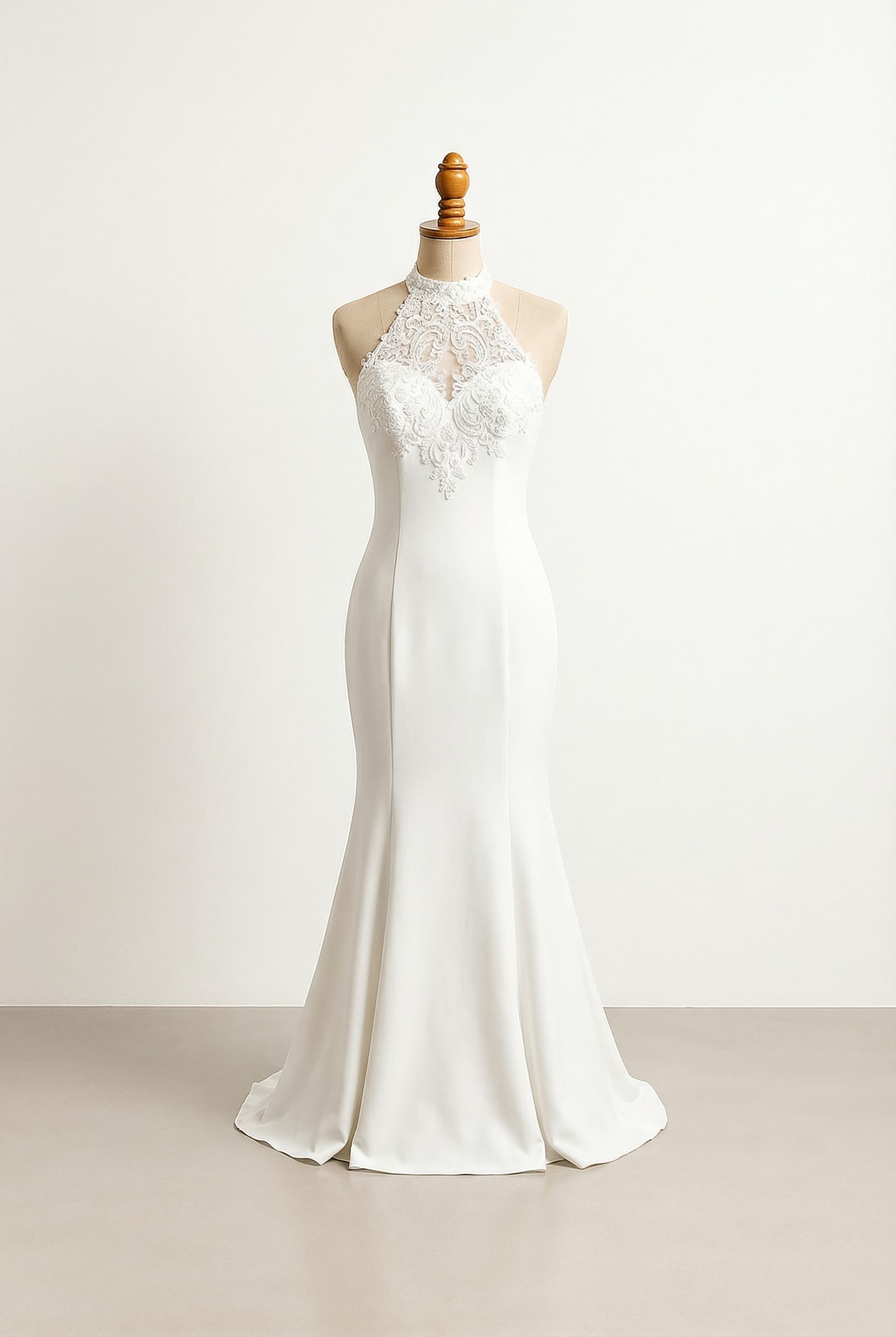 I want a mermaid dress with lace appliqués concentrated around the Halter neckline.