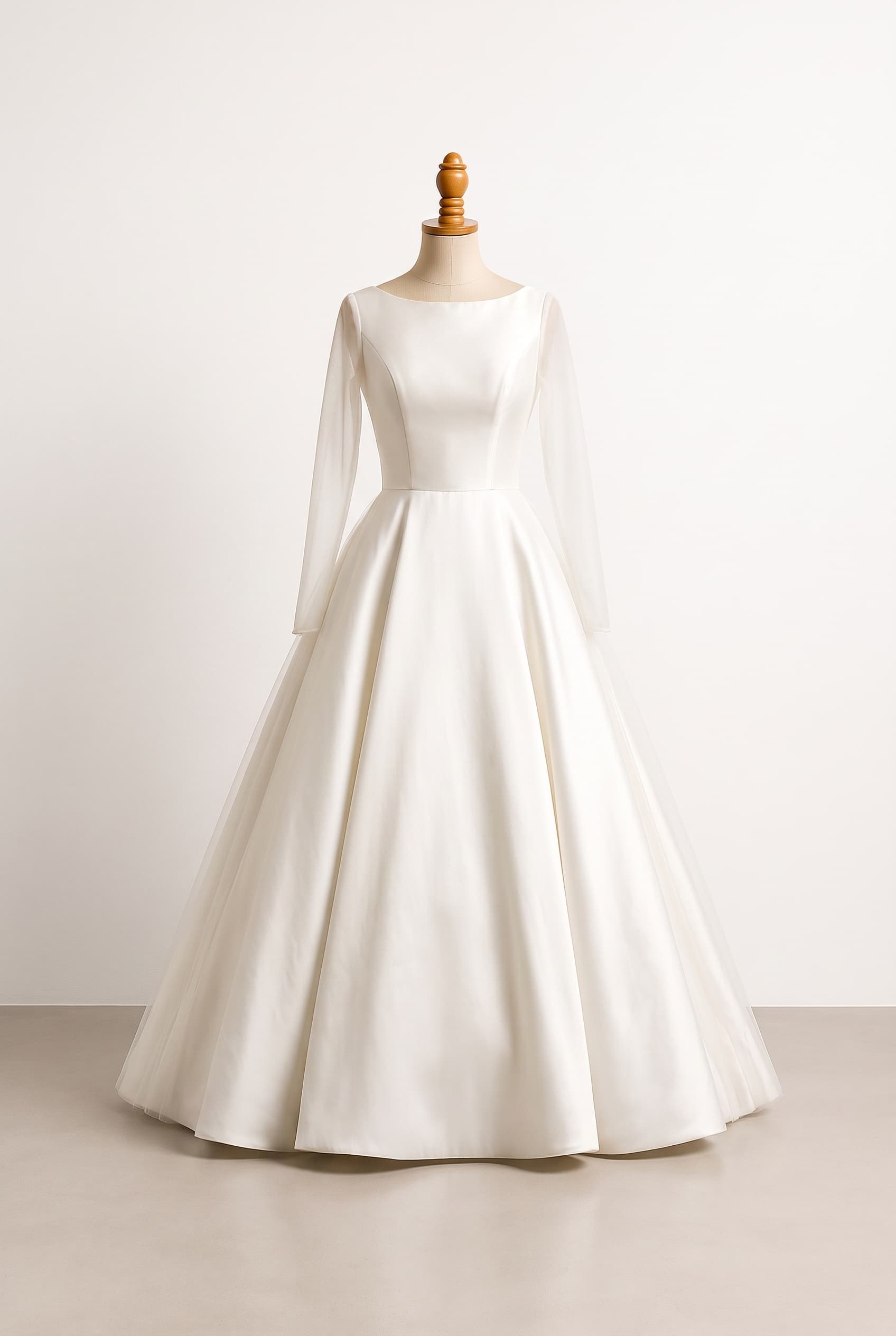 Balanced wedding dress with a fitted structured bodice, moderate full skirt, elegant proportions, and restrained timeless detail
