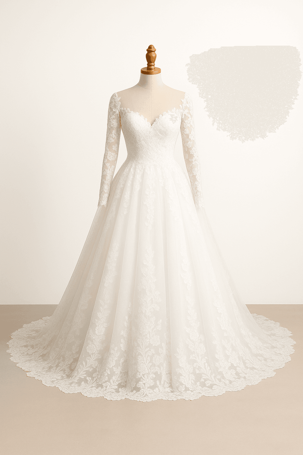 Elegant classic ballgown wedding dress in pure white, fitted bodice with sweetheart neckline, full tulle skirt with cathedral train, intricate lace appliques, long sleeves with illusion details