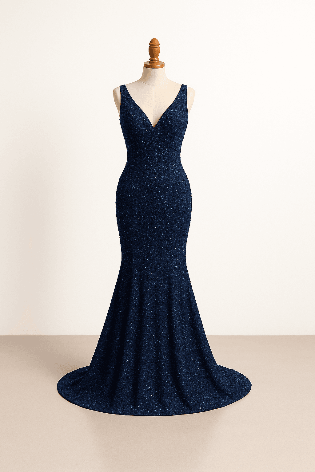 Elegant mermaid prom dress in navy, fitted silhouette, V-neckline, dramatic flare, subtle beading, sleeveless