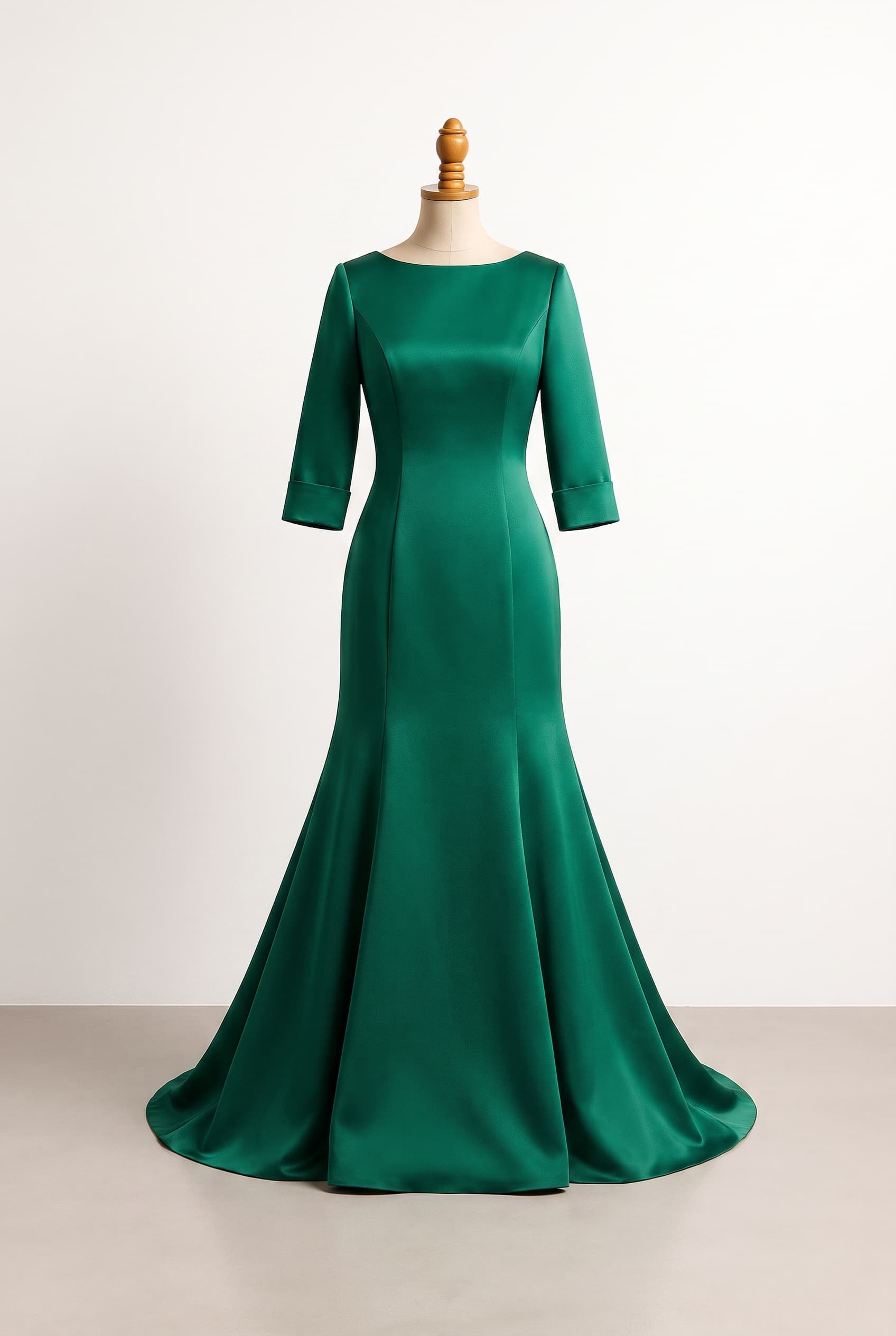 A balanced formal dress with a sculpted but comfortable fit-and-flare silhouette, clean bodice, graceful flare from the knee, and sophisticated restraint