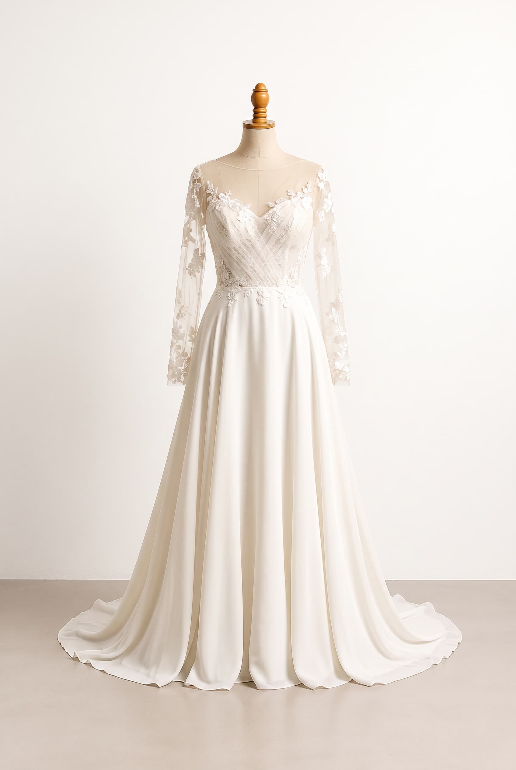 A softly romantic wedding gown with an airy, luminous presence, delicate floral appliqué, and graceful movement