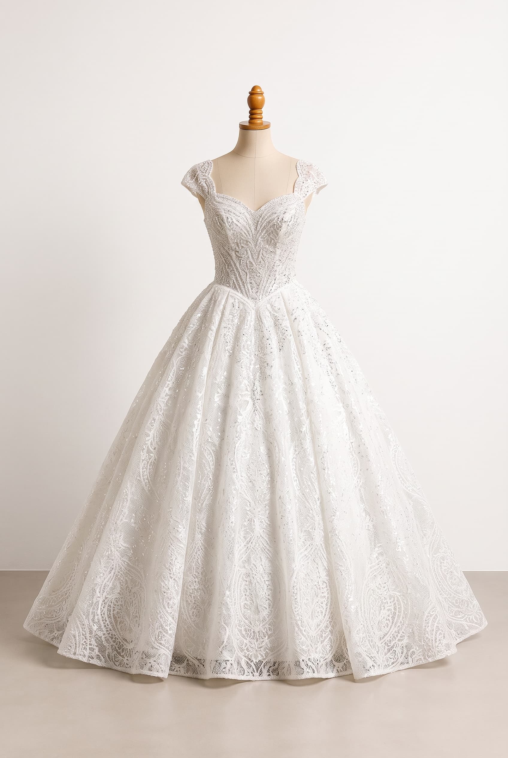 Bright white Vietnamese-Arabic-inspired bridal ball gown with a princess silhouette, sweetheart neckline and sweetheart sleeves, lace throughout, very heavy glitter on the bodice, and a softer but still glittering fade down the floor-length skirt