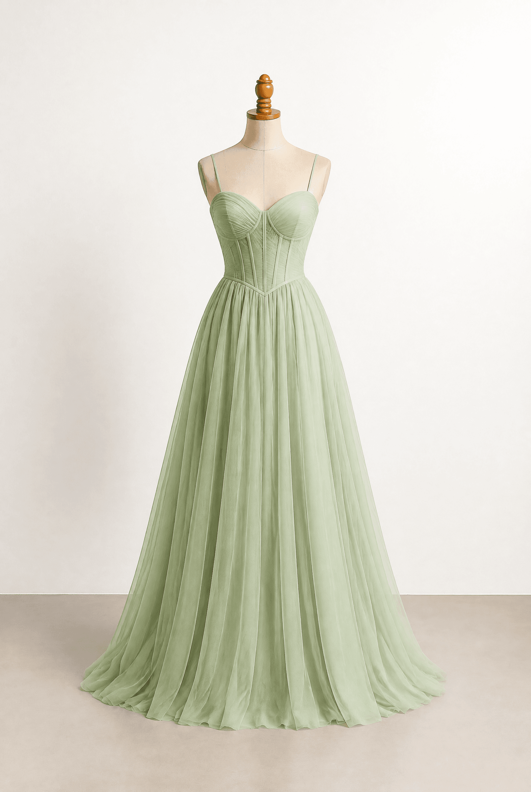 Prom dress, light pastel green, spaghetti straps, sweetheart, fitted bodice with a flowing skirt, corset back, fitted top with flowing bottom