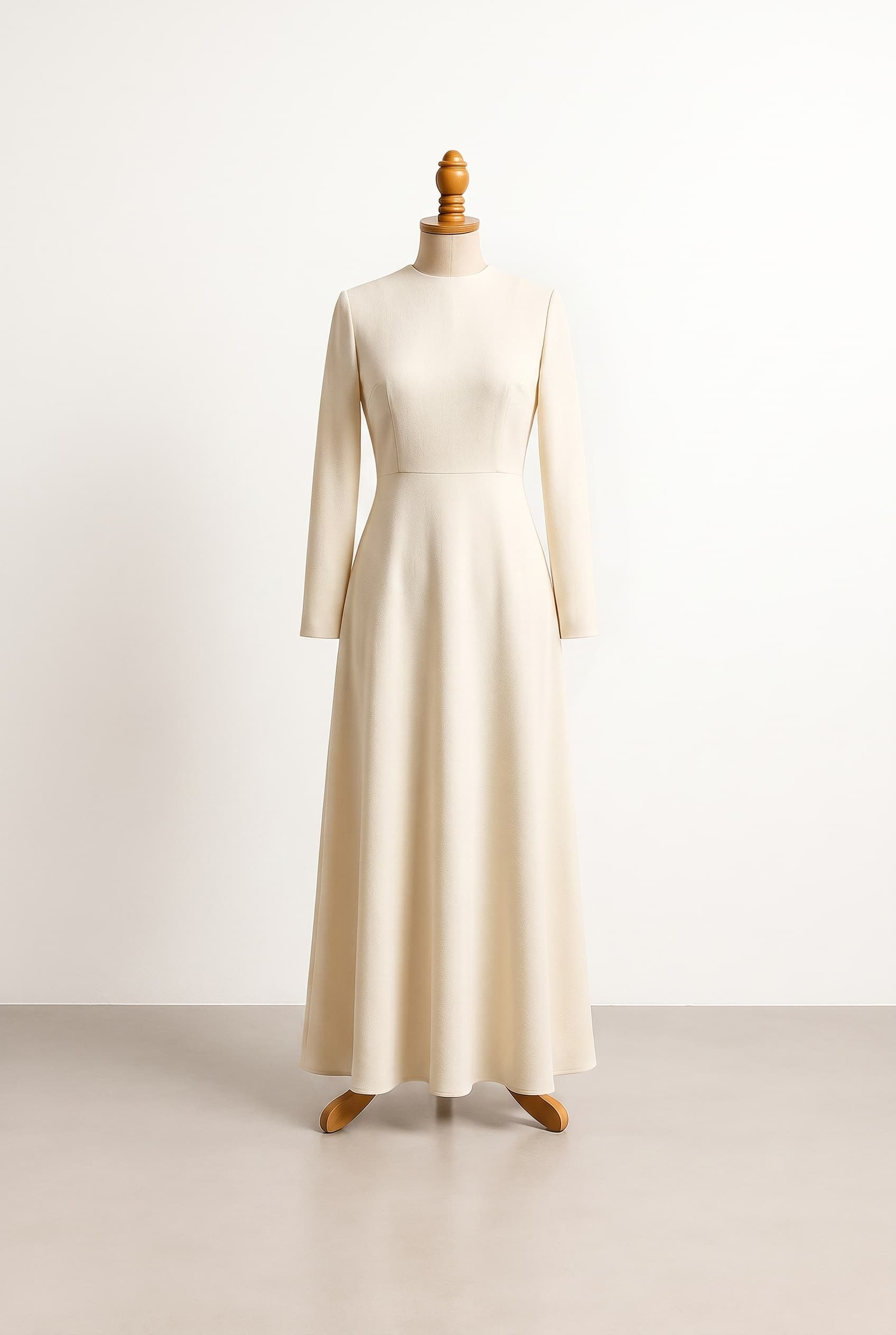 I want a modest dress with long sleeves, crew neck, floor length, high waist and modern clean lines