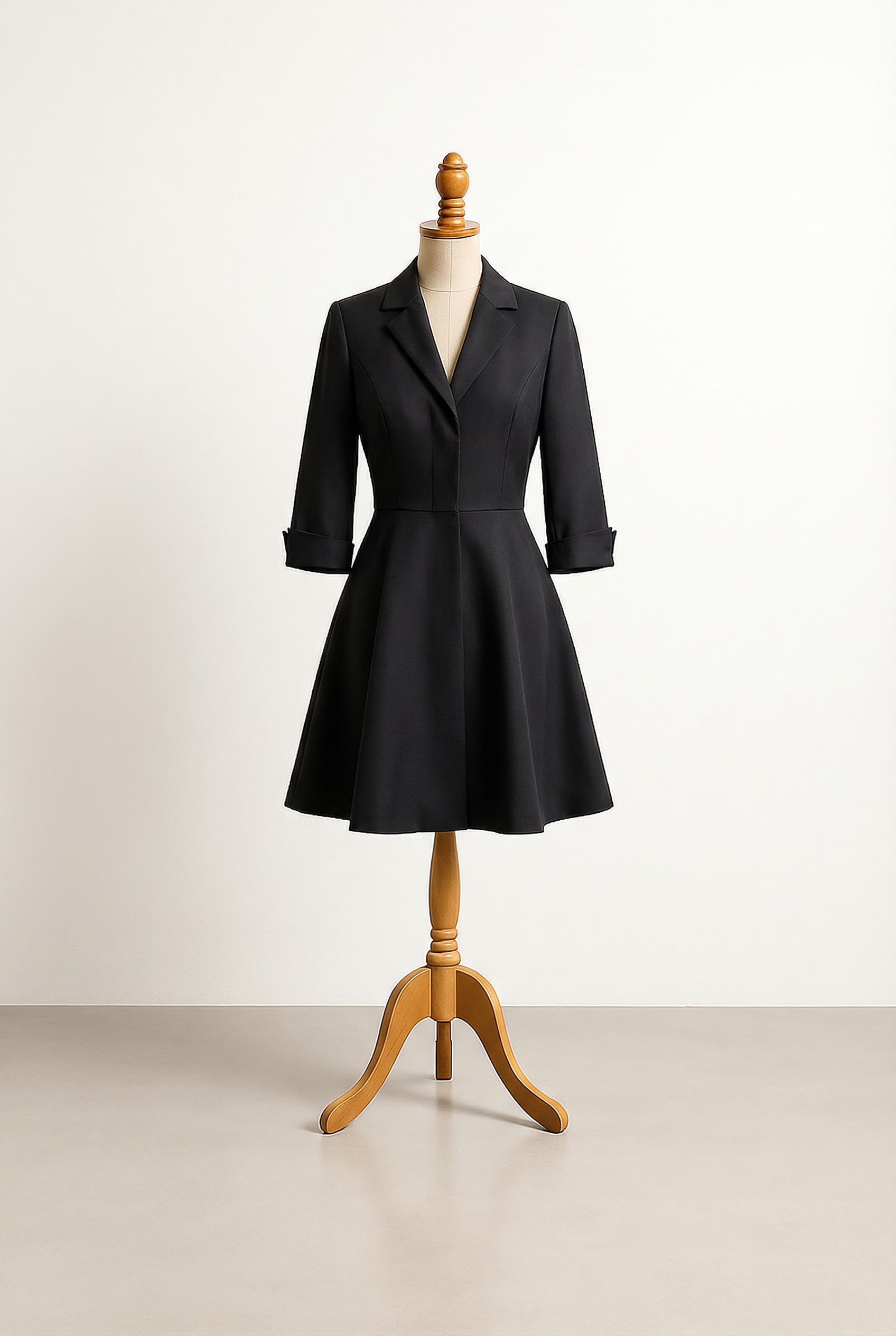 Sophisticated formal evening gown, button-up dress, different color goal pyramids, Farrah Collection written on the dress