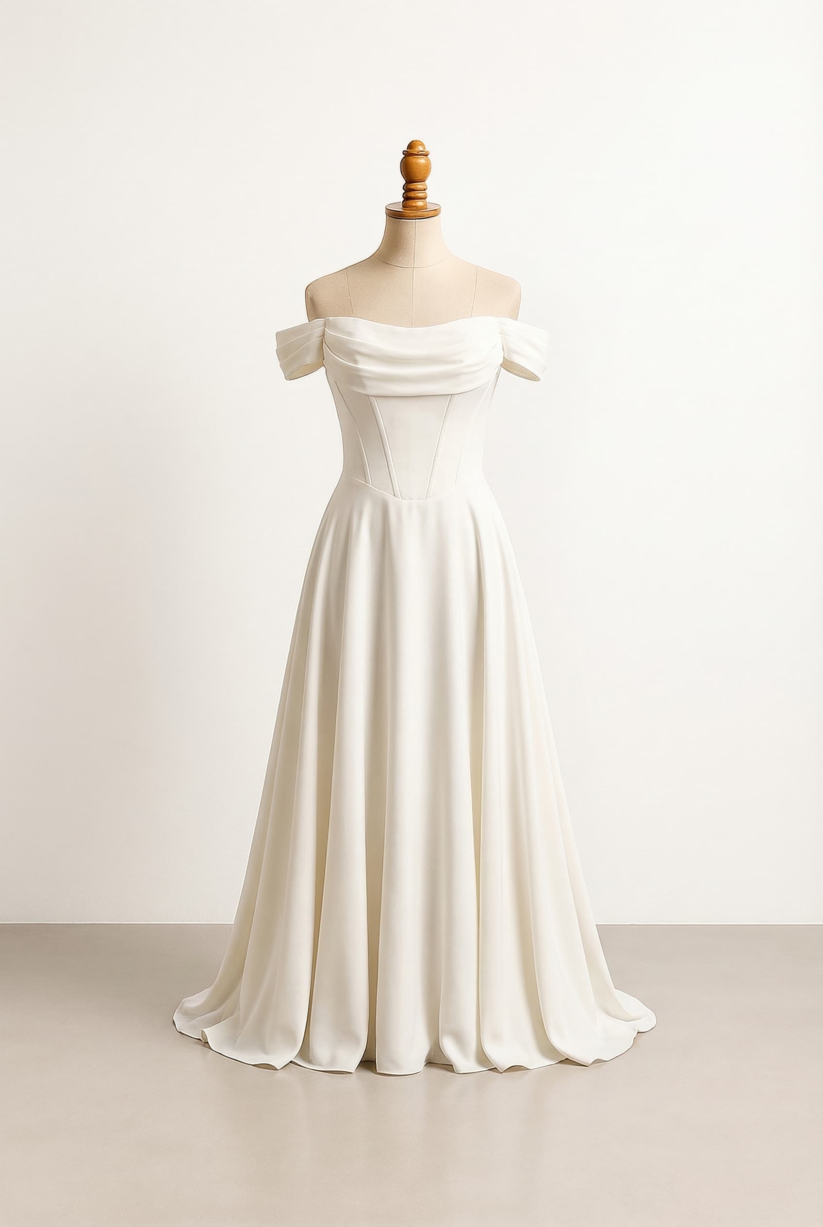 Creme/White dress with a corset like design fabric draping over the bust floor-length columnA-line silhouette off the shoulder sleeveless, subtle
