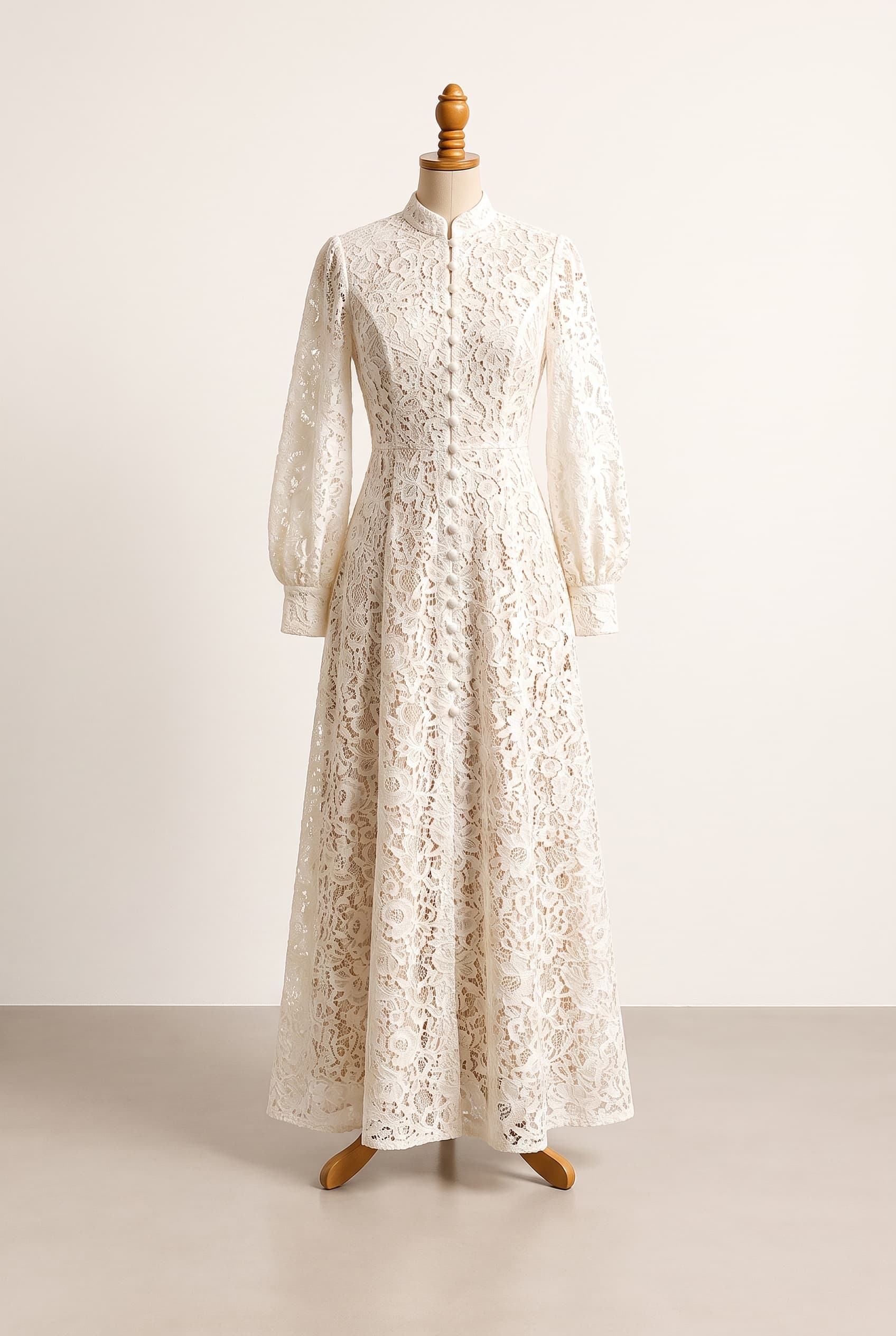 I want a modest formal dress; i want a ivory lace maxi waisted a line dress with a snanding collar and fake buttond down the front till the waist and lantern sleeves; Ivory lace maxi waisted A-line dress with a standing collar, decorative buttons down the front to the waist, and long lantern sleeves; Review the attached front design image. Briefly describe what you see (color, silhouette, neckline, sleeves, length) and ask if the user wants changes or wants to move to back design