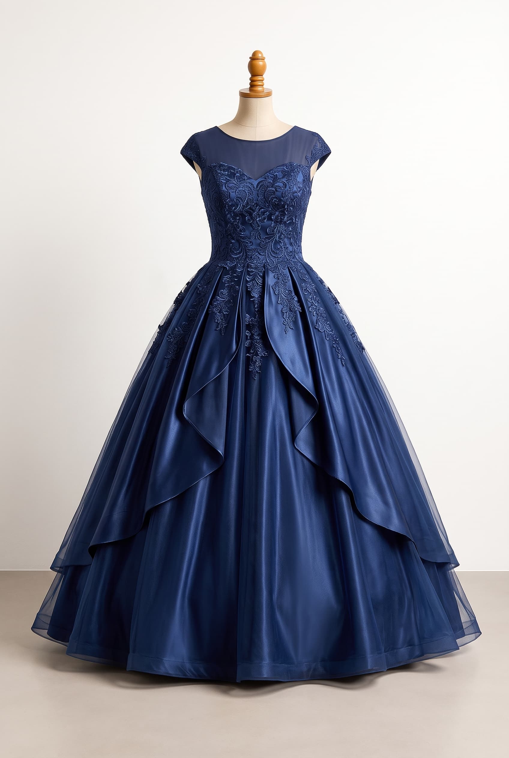 Royal Garden quinceañera gown in navy blue with cascading layered front skirt panels and a modest, fully lined upper-bodice illusion panel