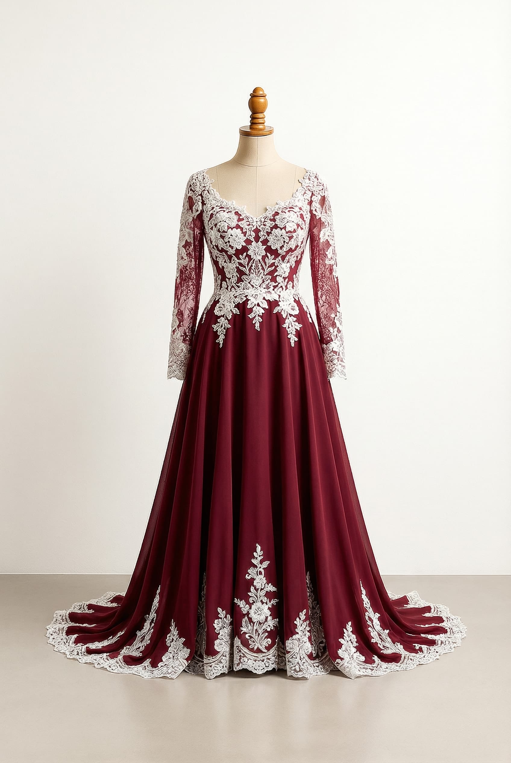 A maroon color wedding dress with white
