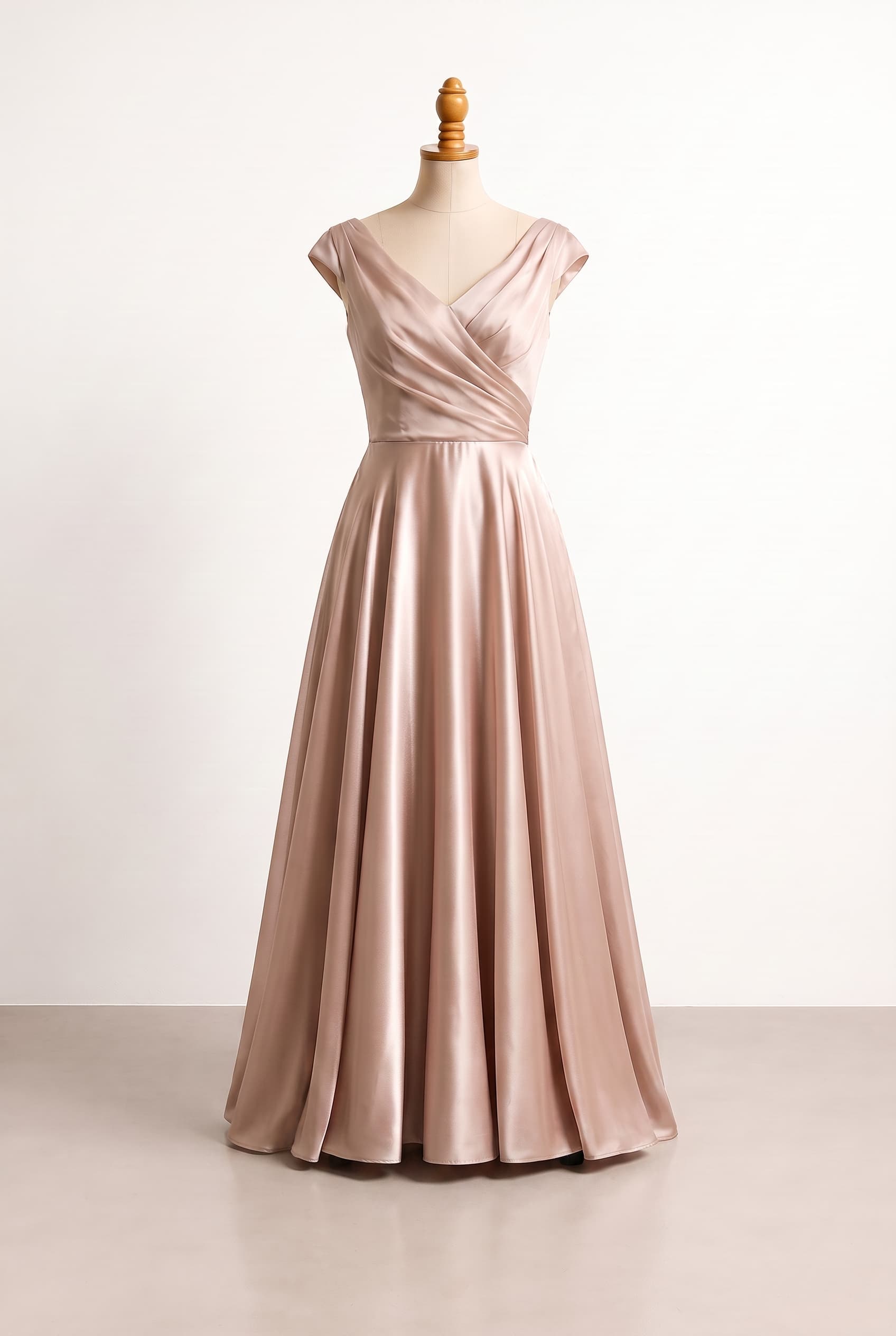 A graceful formal gown balancing softness and sophistication through fluid draping and an airy skirt; Softly draped bodice; softer volume, graceful proportion, and a more romantic formal mood