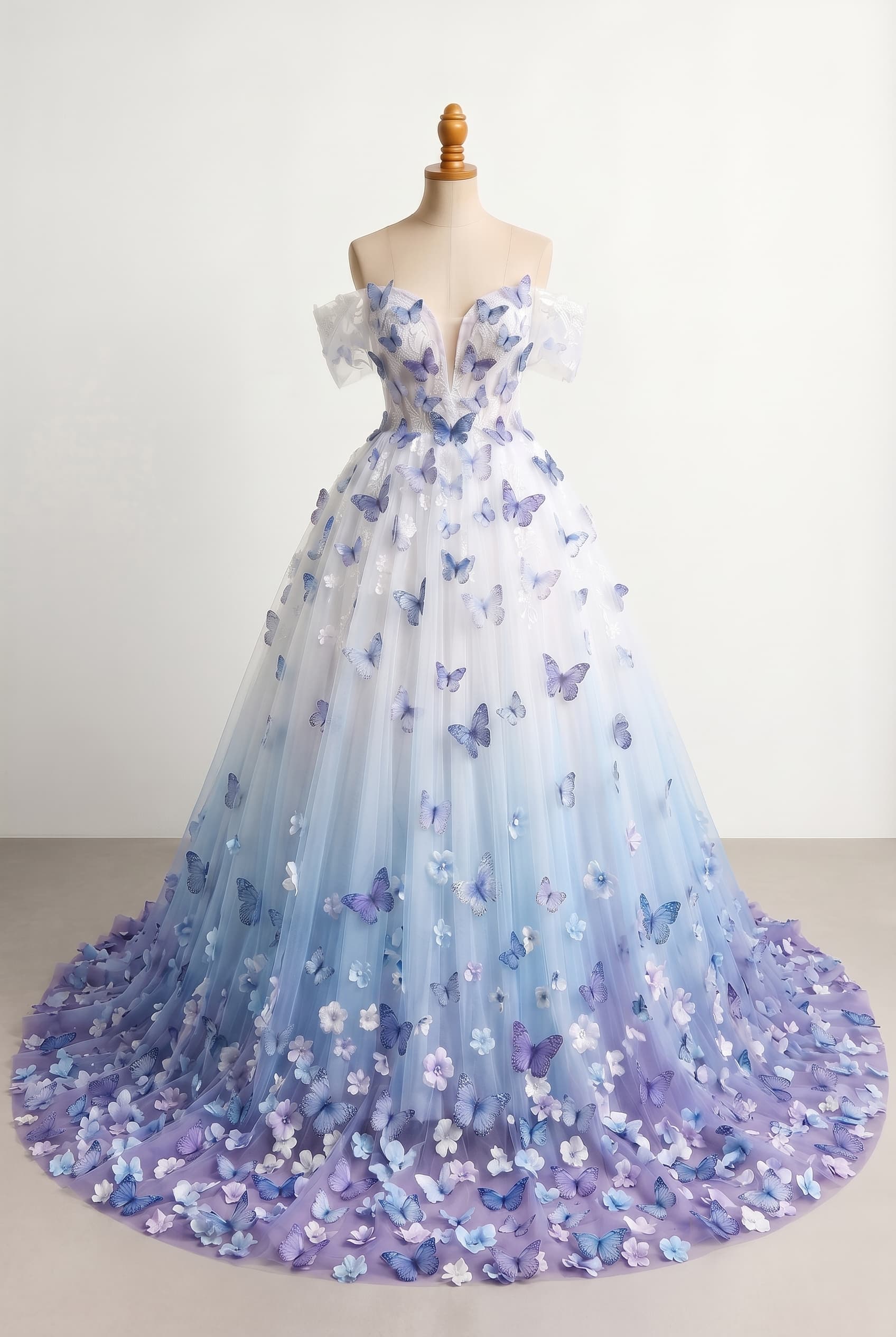 White, blue, purple ombré ballgown with extra volume and poofy silhouette, featuring a significantly longer train, an increased density of blue, purple butterflies throughout the design, and small flowers scattered across the dress. Retains off-shoulder lace tulle sleeves, a plunging heart-shaped neckline, cathedral length, optimized for breathable, long-wear comfort.