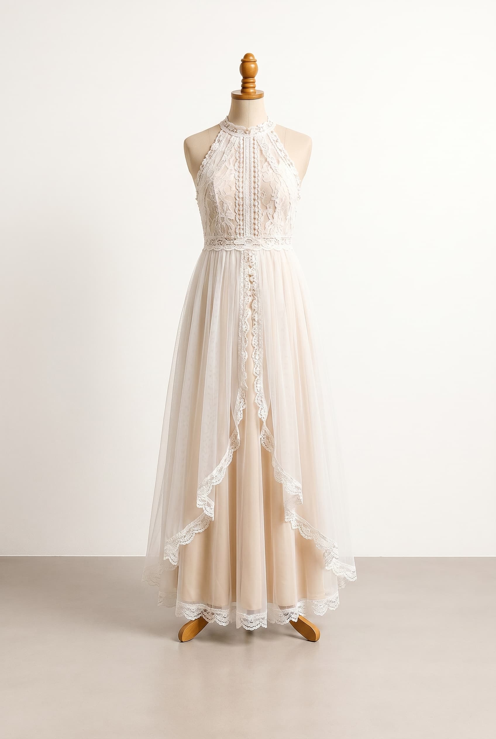 Overall Style:
A custom-made children’s baptism gown inspired by a bohemian, ethereal, free-spirited aesthetic. The dress should feel light, flowing, romantic, and timeless rather than formal, pageant-style, or heavily embellished. Think “child of God walking through a wildflower meadow at sunset.”
COLOR:
• Soft white chiffon throughout the skirt
• Ivory lace with subtle champagne undertones
• Very delicate champagne-gold thread woven into portions of the lace
• No glitter, sequins, rhinestones, or metallic embellishments
• Soft, natural color palette
FRONT BODICE:
• High lace halter neckline
• Scalloped lace trim around neckline
• Fitted lace bodice
• Vertical lace inset panel running down the center front
• Lace waistband at natural waist
• No sleeves
• No cap sleeves
• No shoulder straps visible from front
• Modest neckline suitable for baptism