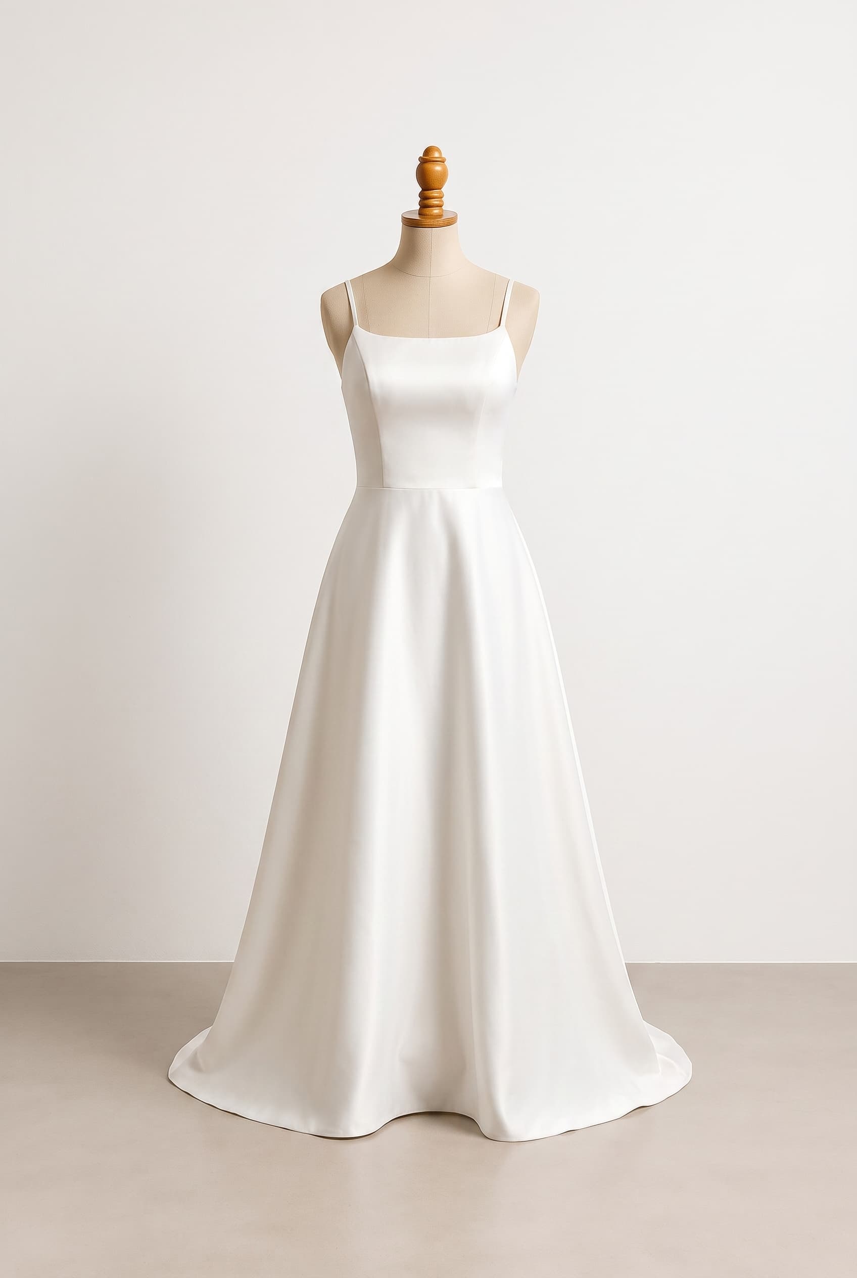 Minimalist, elegant revealing A-line wedding dress with clean lines, custom-tailored to body measurements, and a smooth flawless finish