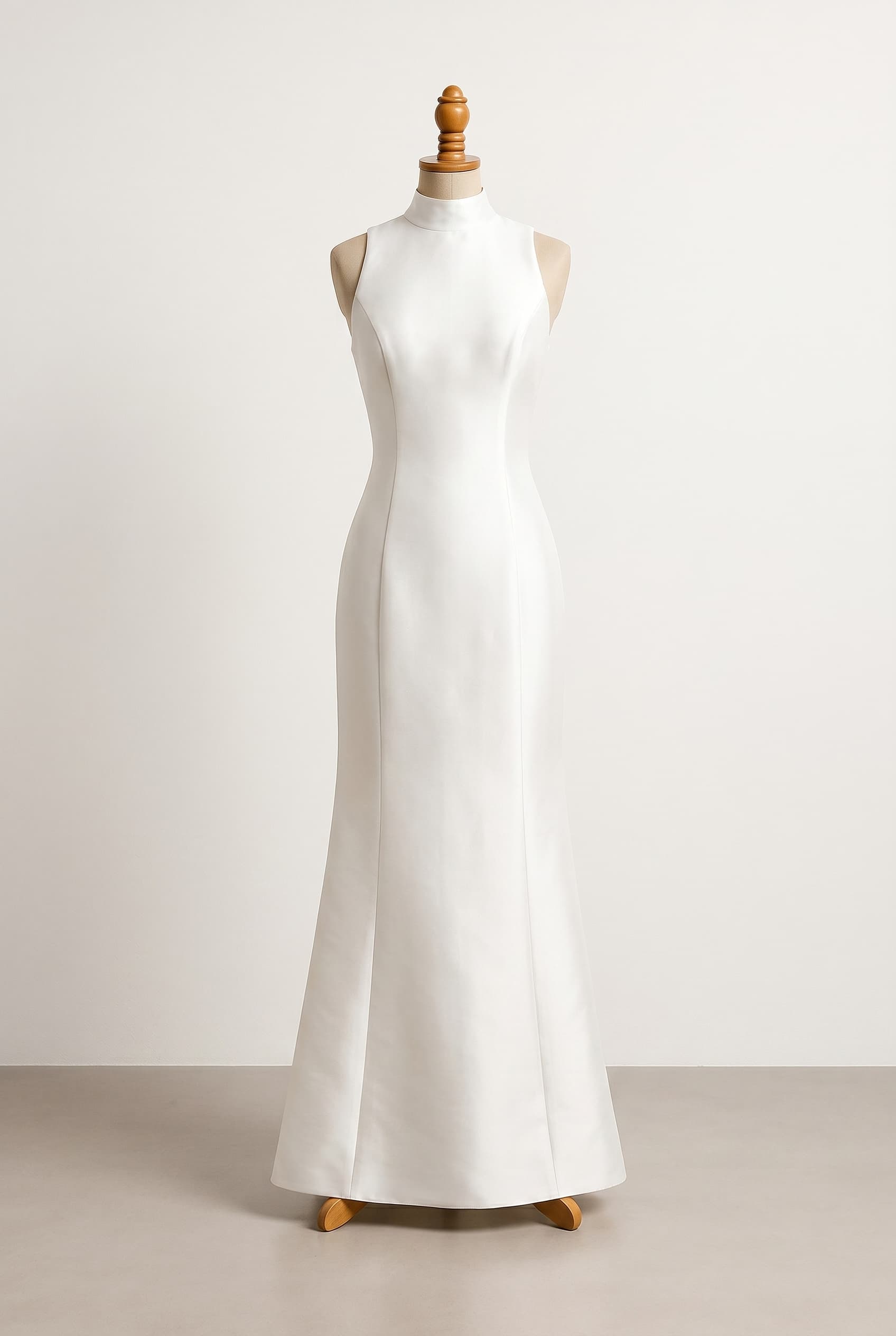 A clean, structured wedding dress with a modern and sophisticated impression. Prioritizes sleek lines and architectural detail while maintaining balanced coverage and a polished, effortless silhouette. Comfort boundary: lightweight and not heavy. Floor length.