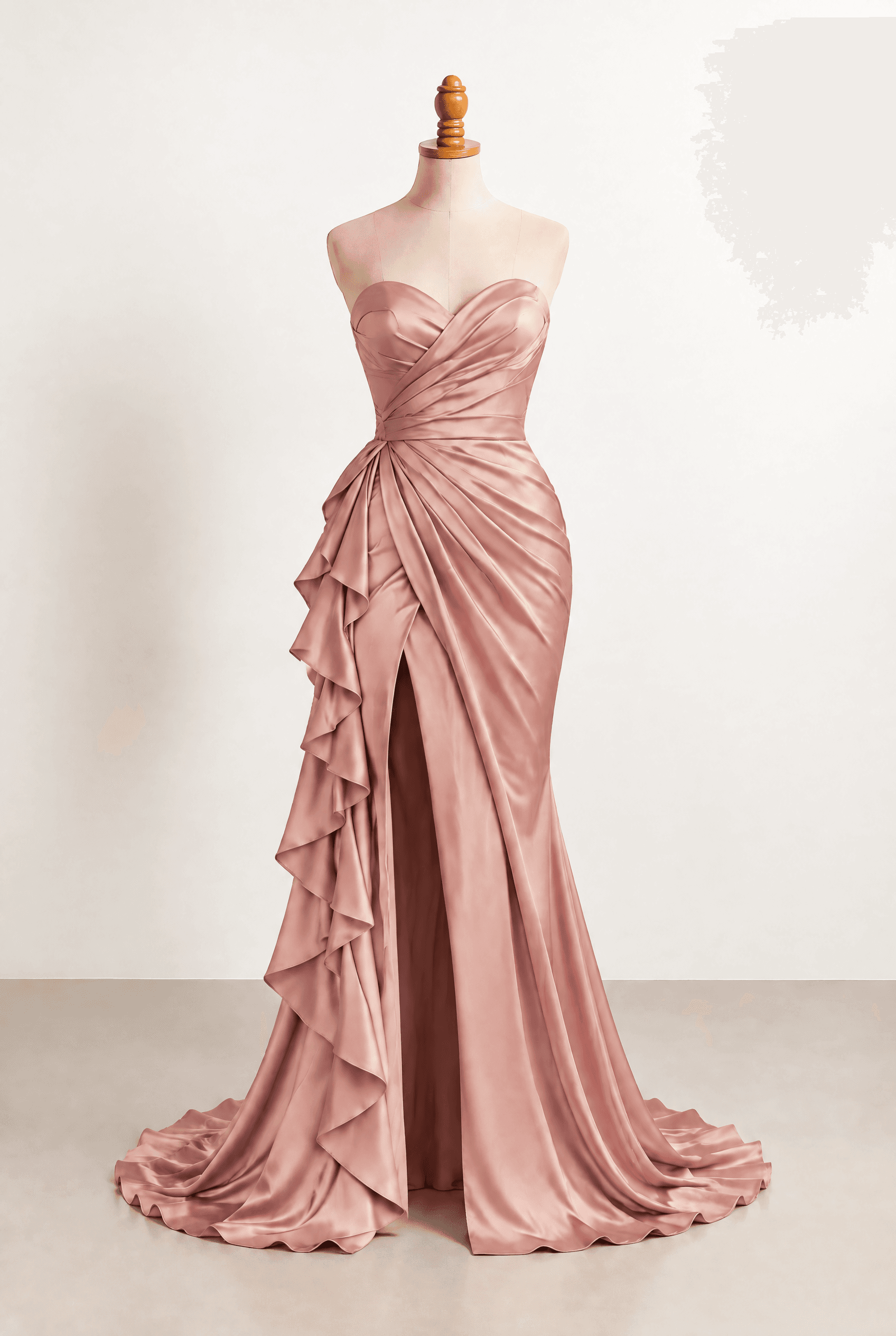Front view: floor-length evening gown in medium dusty rose / antique rose satin with a soft luminous sheen; Strapless sweetheart neckline, structured fitted bodice, asymmetric draping across the bust, waist and hips; Slim sheath to soft silhouette, closely fitted through the hips