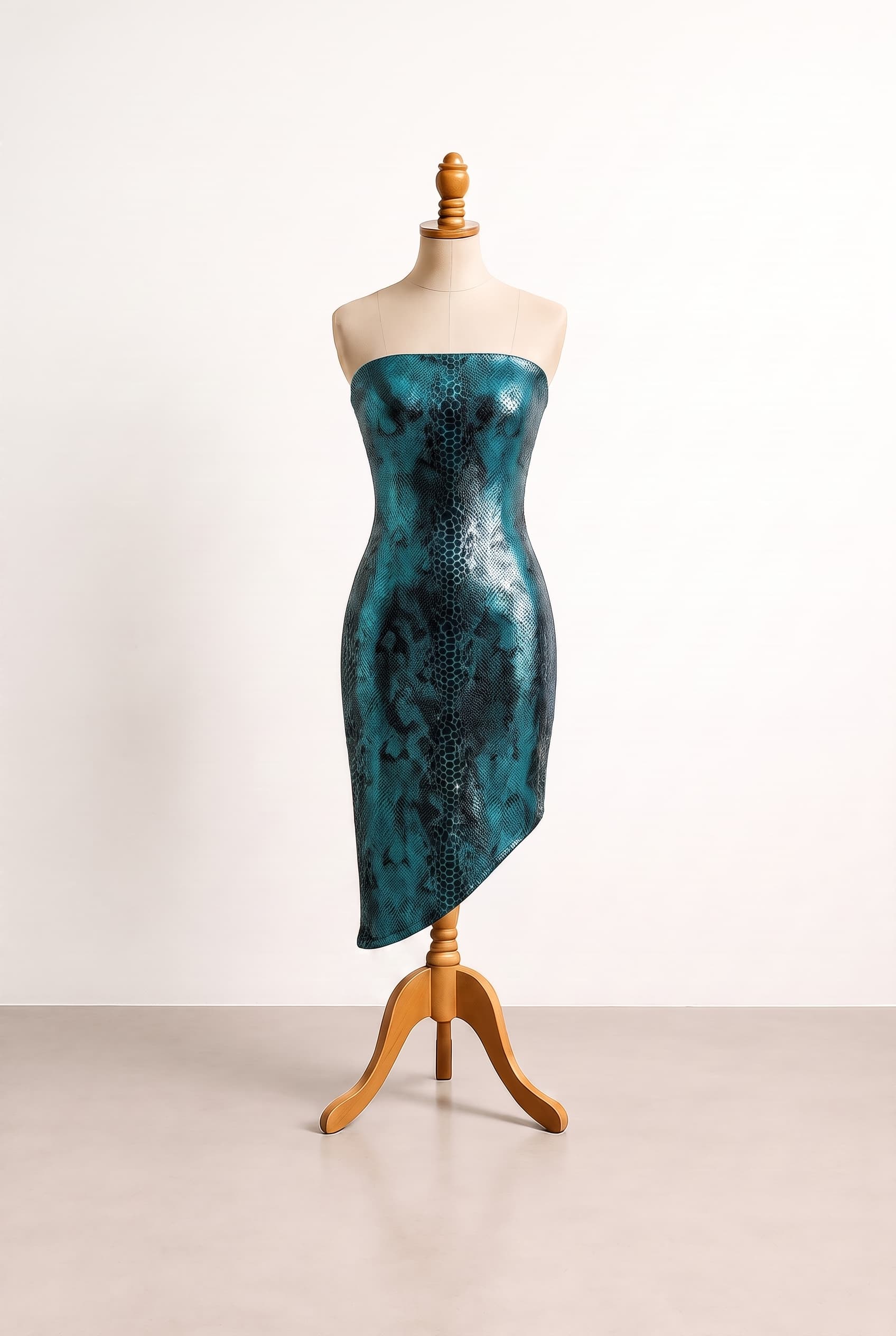 Balanced strapless dress in shimmering, metallic teal and black, with a form-fitting design, asymmetrical hem, and a highly prominent, bold graphic snake-scale pattern.