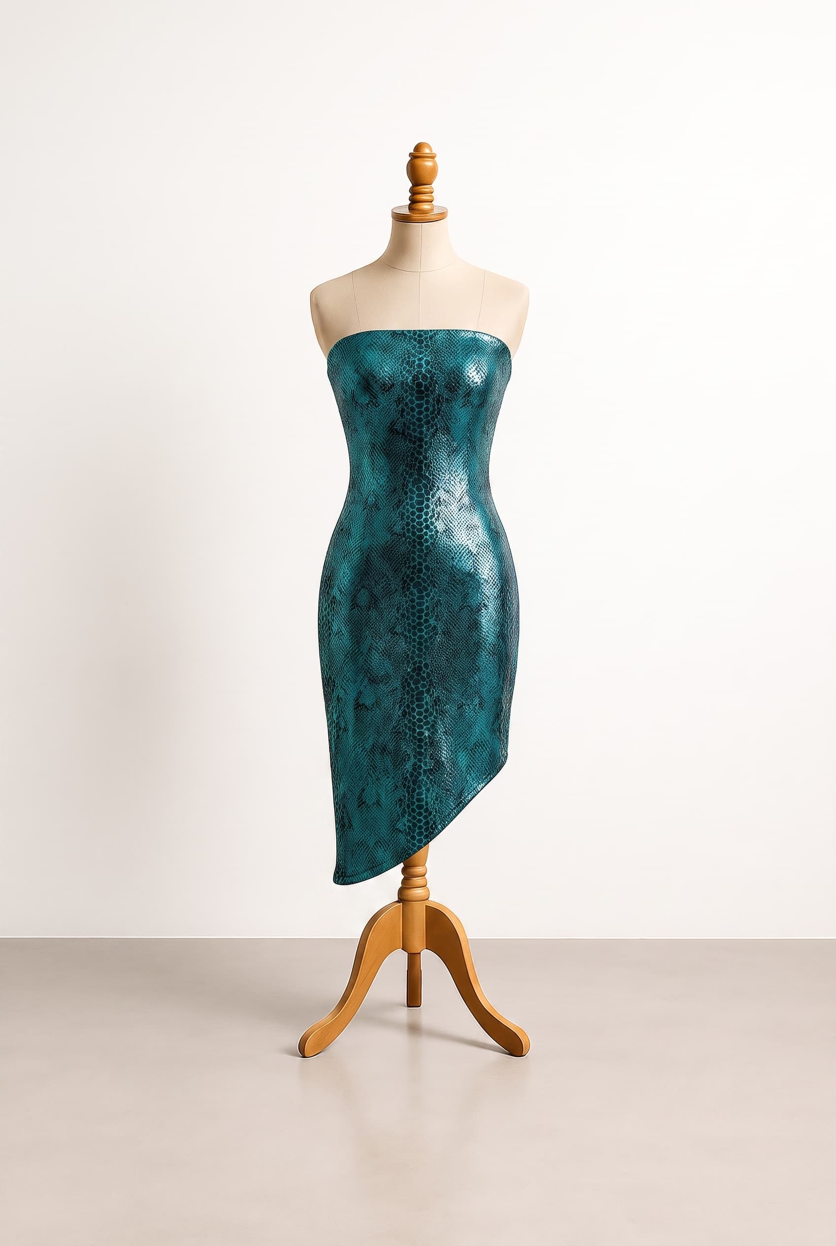 Balanced strapless dress in shimmering, metallic teal and black, with a form-fitting design, asymmetrical hem, and a highly prominent, bold graphic snake-scale pattern.