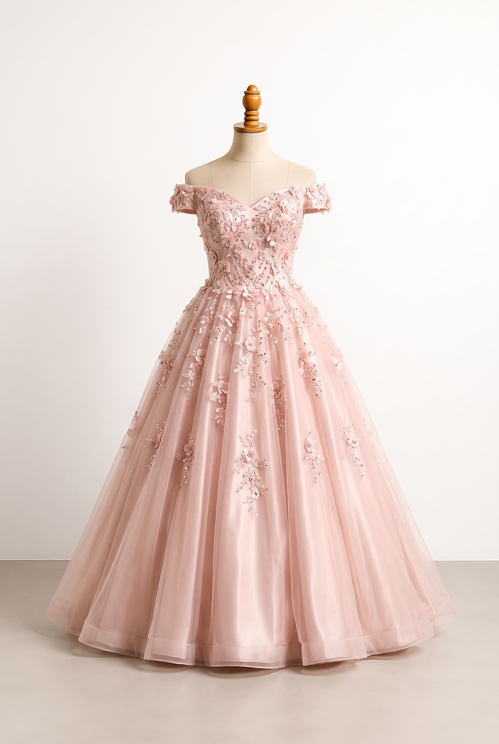 A dreamy, feminine prom gown with a fitted bodice flowing into a full layered skirt, delicate floral details, and graceful movement; sparkling crystal embellishment