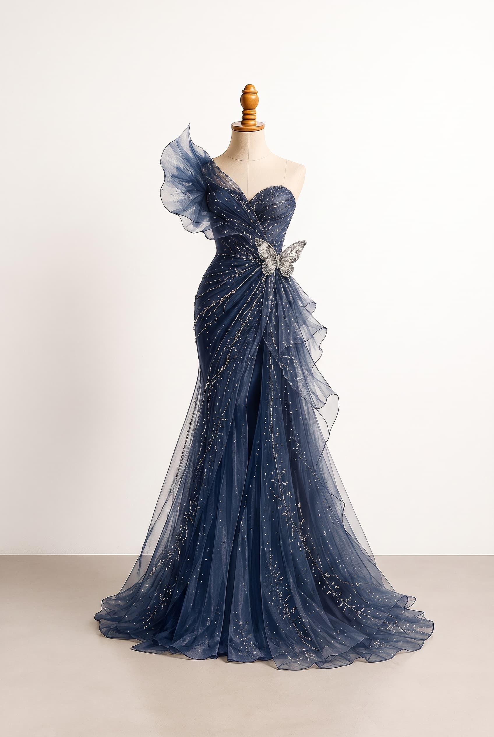 A youthful romantic prom dress with a midnight-blue floor-length mermaid base, asymmetric sweetheart bodice and one-shoulder fluttered tulle sleeve, a dramatic sheer organza ruffle, natural waist, silver bead embroidery, pearl-white celestial sparkle, and an artistic butterfly embellishment blooming at the waist; Let