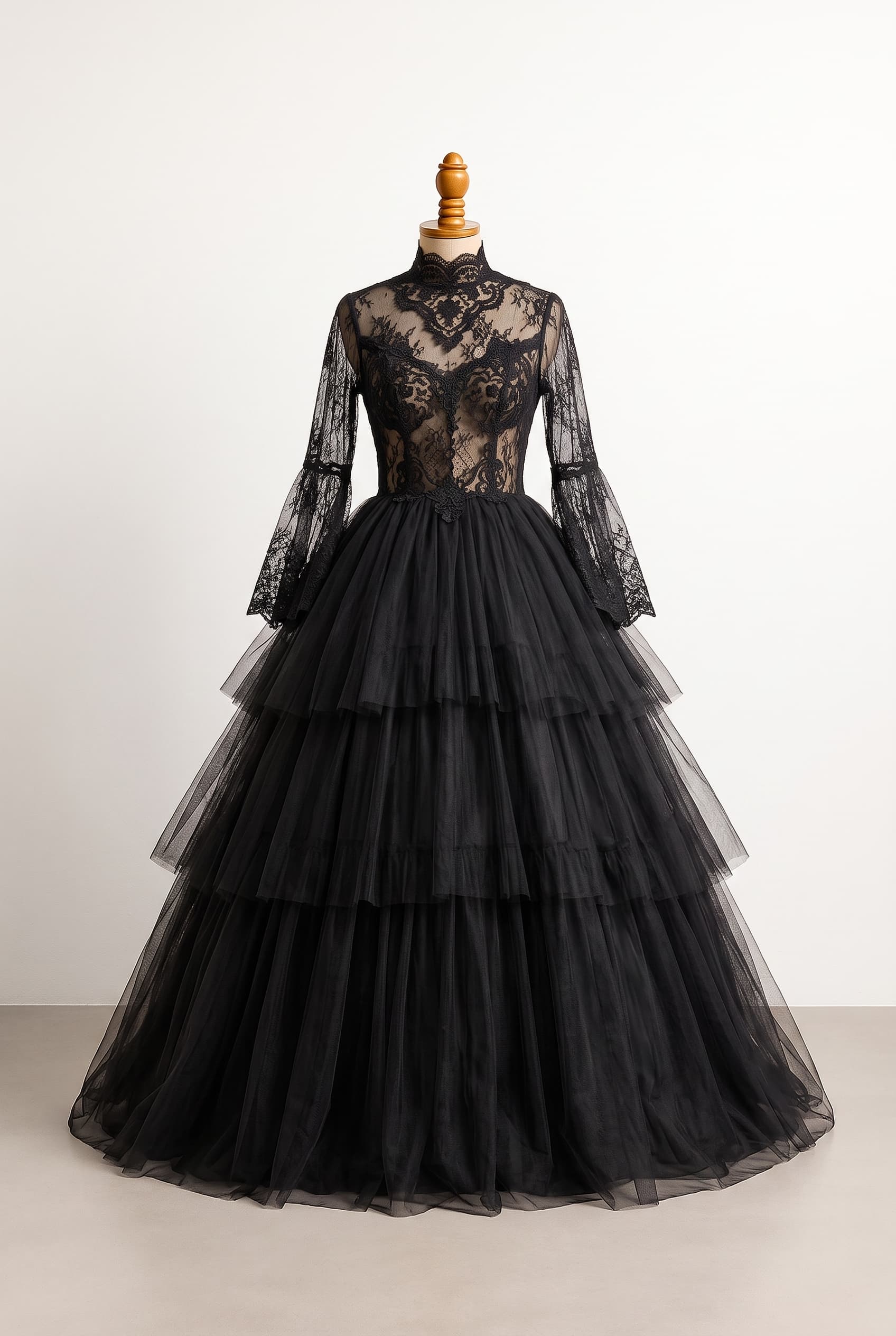 I want a balanced wedding dress; I want something special and out of the box very gothic; A dramatic gothic Victorian ballgown in black lace with a high collar, sheer bell sleeves, and a tiered tulle skirt; Review the attached front design image. Briefly describe what you see (color, silhouette, neckline, sleeves, length) and ask if the user wants changes or wants to move to back design; a line black satin corset- with draped beaded sleeves- skull appliques- purple black crystal beading around trim with lace- long detachable train- lace and skull beading on corset bodice- gathered satin skirt floor length beautiful raven a skull beading or appliques; A stunning gothic A-line wedding gown in deep black satin. The bodice features a structured corset detailed with lace and skull beading, framed by delicate draped beaded sleeves. The floor-length gathered satin skirt has purple and black crystal beading along the trim and a long detachable train, decorated