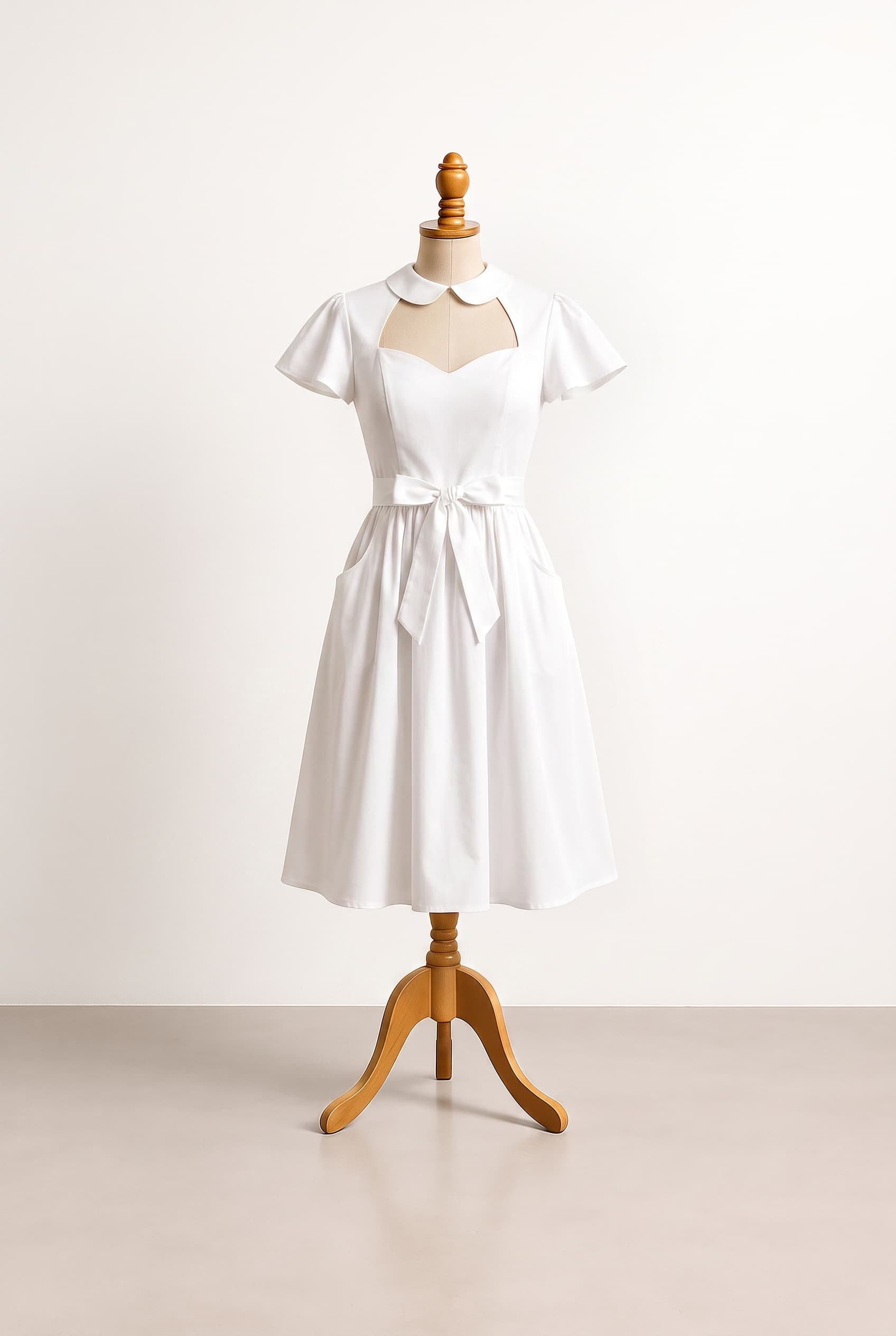 I want a balanced dress with Design name - 1 | Bodice - Bustier Grace | Sleeves - Short Flutter | Skirt - Circle | Skirt Length - Knee Length | Lace Overlay on Bust - Small Lace | Lace Overlay on Waistband - Not selected | Lace Overlay on Skirt - No thanks | Lace Sleeves - Small Lace | With petticoat - No thanks | Collar - No thanks | Sash - No thanks | Pockets - Yes please |