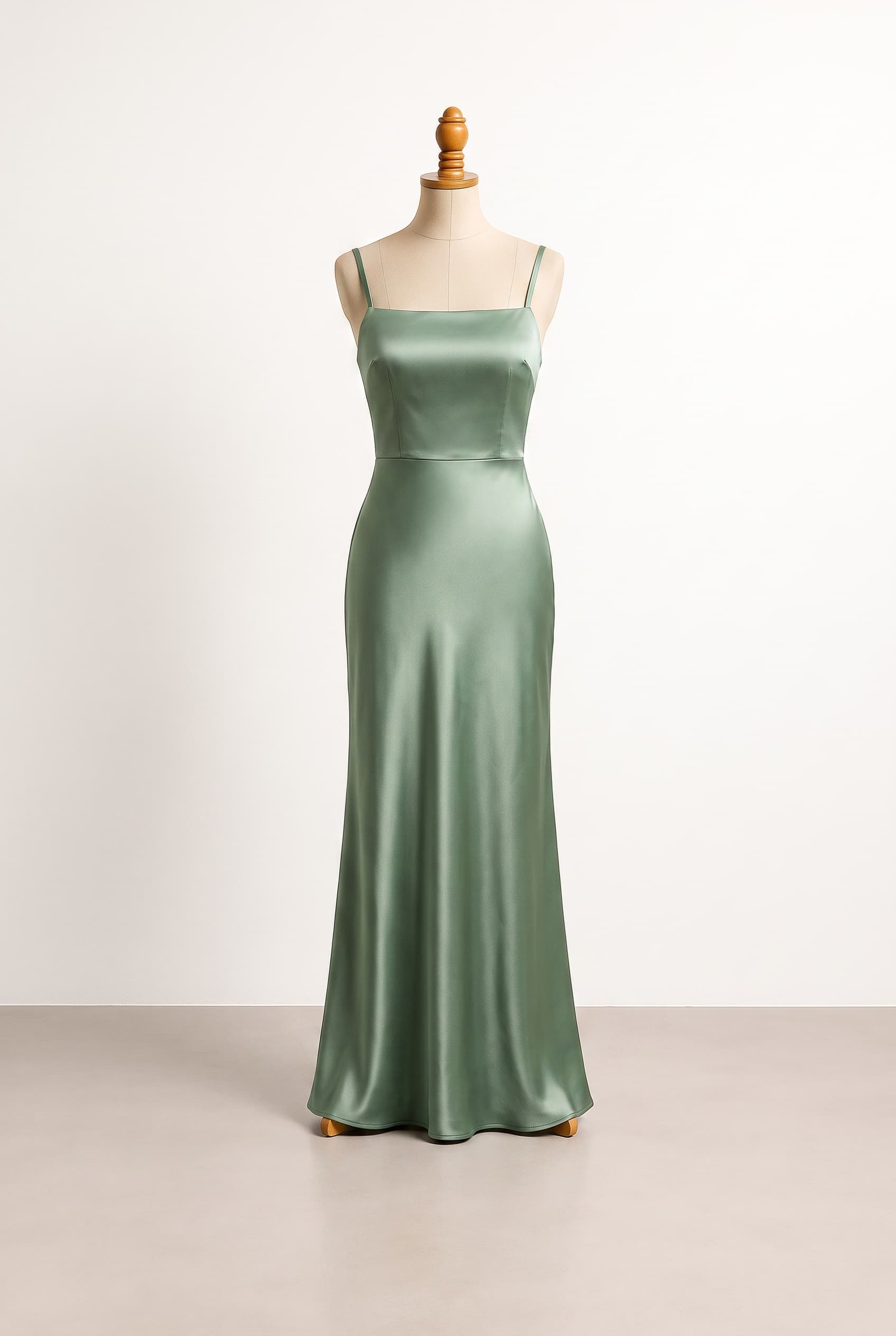 A clean, elegant bridesmaid look with refined lines and a contemporary editorial presence; A minimal square-neck bodice with a smooth, uninterrupted satin front and softly fitted waist