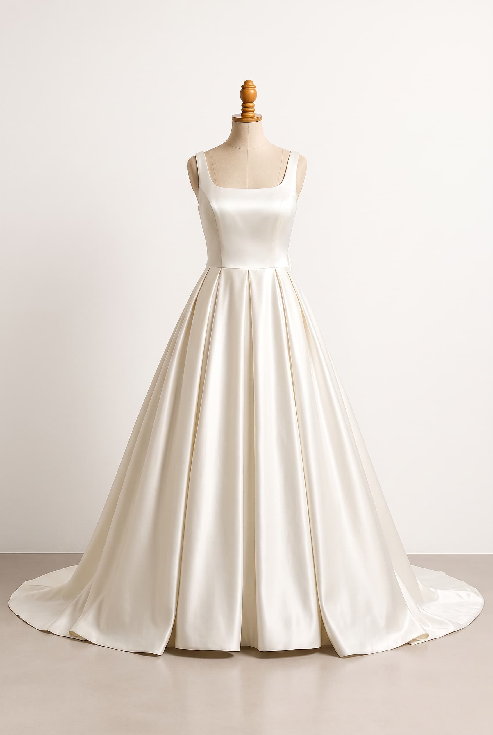 A simple vintage-inspired wedding ball gown in light ivory liquid satin, with a fairly modest square neckline, thick straps, a pleated full skirt, and a chapel train. The back should provide smooth, modest coverage while incorporating a large detachable bow that remains permanently tied and is integrated naturally into the gown.