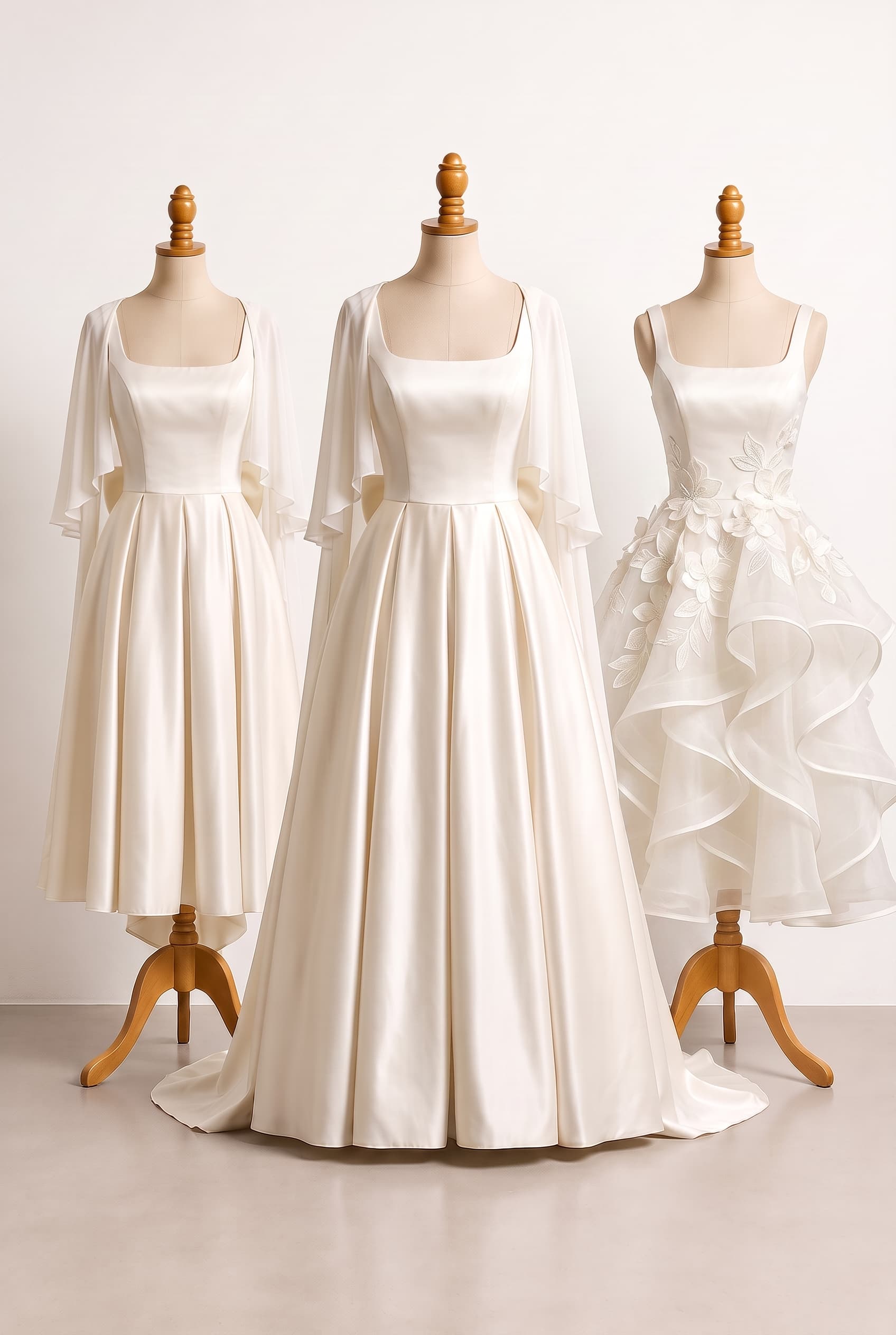 Keep Skirts 1 and 2 completely unchanged. Modify Skirt 3 only: remove any bow and cape; create a just-above-ankle lightweight organza skirt with multiple gathered and flounced tiers forming large, architectural, airy, sculptural cascades and an intentionally undulating hem. Add three-dimensional light-ivory floral laser-cut appliqués with layered petals and embroidered vein, contour, and textural detailing, concentrated toward the top of Skirt 3 and tapering seamlessly into the ruffle tiers. Sew lightweight, flexible, smooth-finished horsehair braid into the hem of every Skirt 3 ruffle tier so the ruffles are buoyant, crisp, highly structured, airy, playful, and mobile. Do not alter any detail of Skirts 1 or 2, including their skirts, capes, bows, lengths, fabrics, or embellishment.