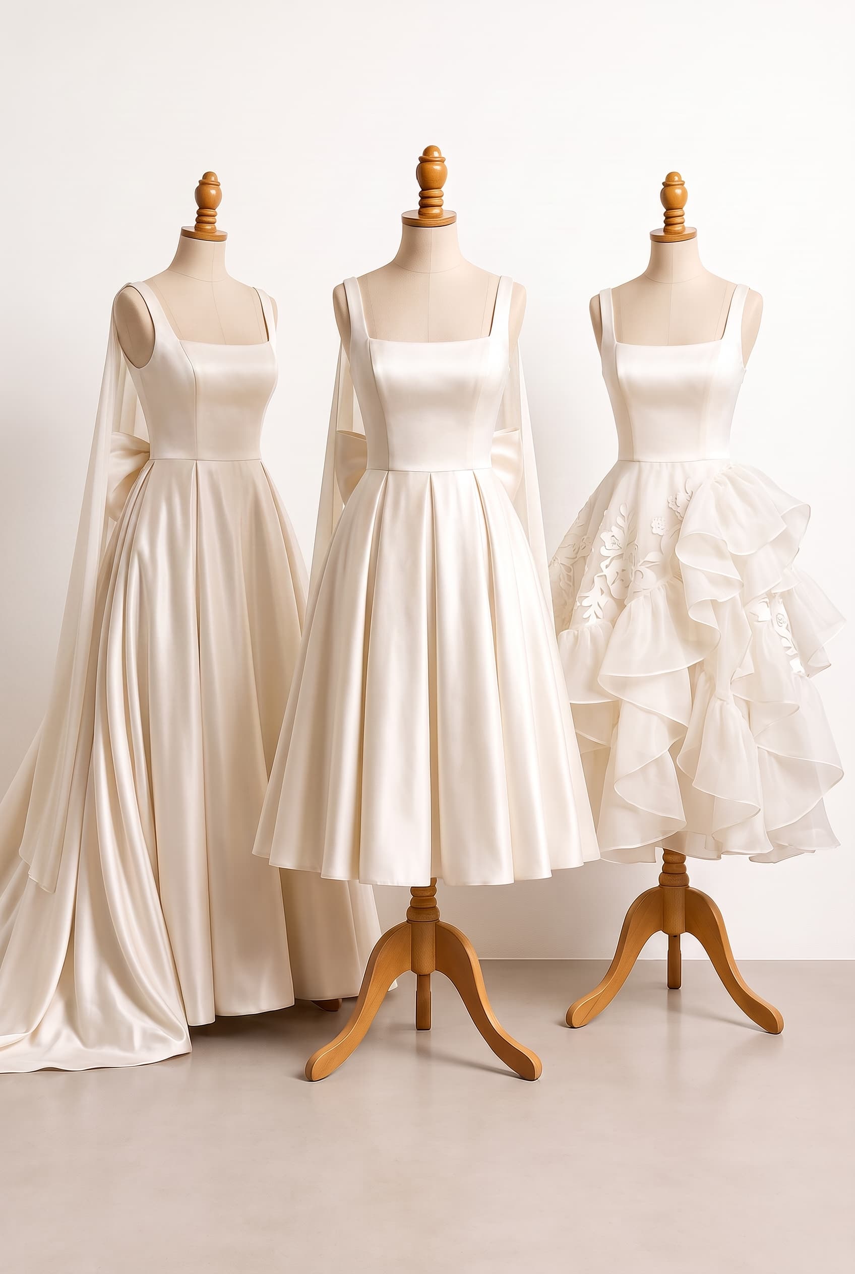 Create a front comparison mockup showing three separate dress forms side by side at the same time, all wearing the identical approved light-ivory bodice with square neckline and thick straps, while each form wears a different interchangeable skirt. Show Skirt 1 as chapel length with generous full ball-gown volume