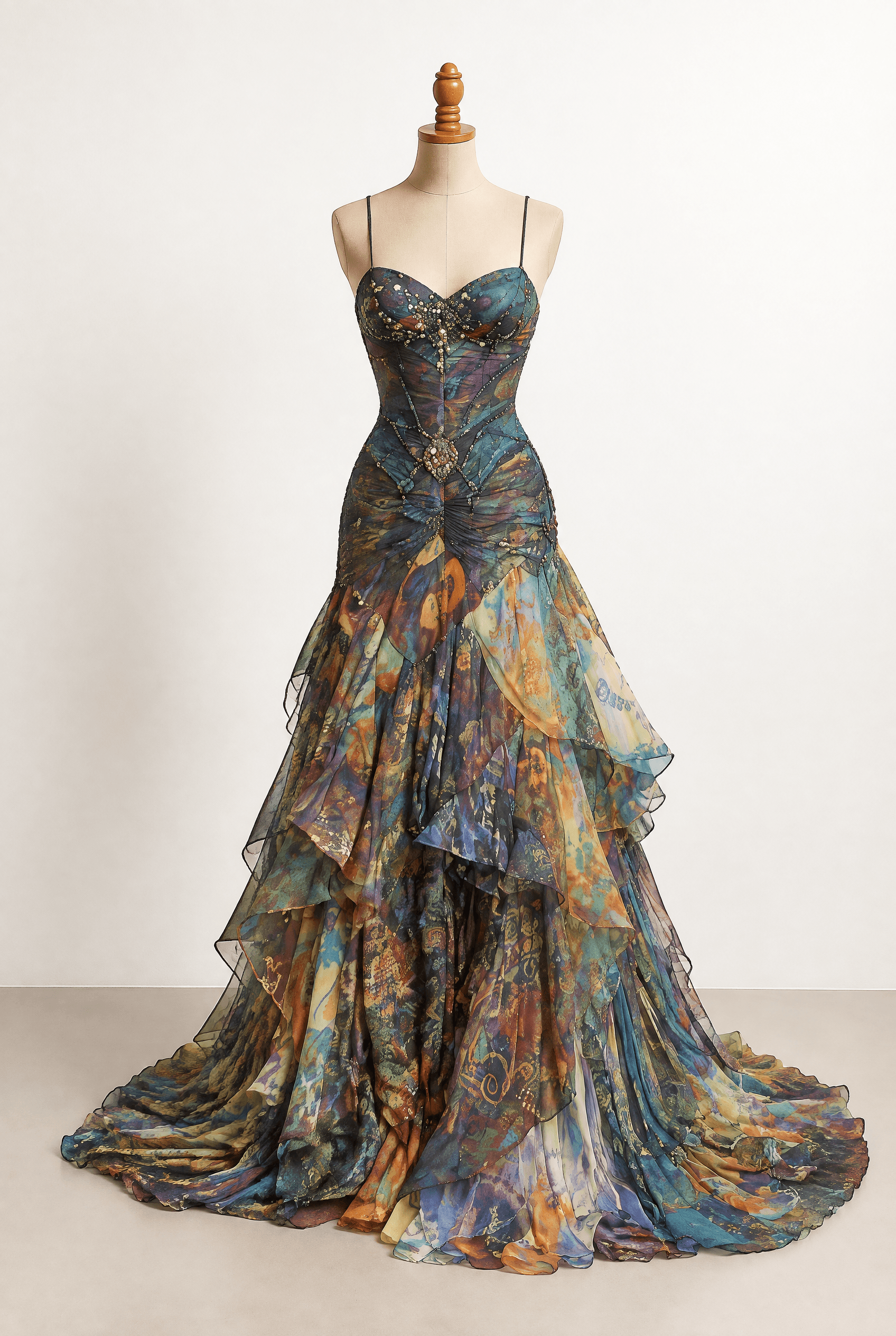 An ornate bohemian evening gown inspired by the reference, with a multicolor painterly print in teal, blue, green, gold, and rust, sweetheart neckline, fine spaghetti straps, natural waist, fitted mermaid silhouette, tiered ruffle skirt, delicate beaded accents, and a long train; A fitted mermaid skirt with flowing
