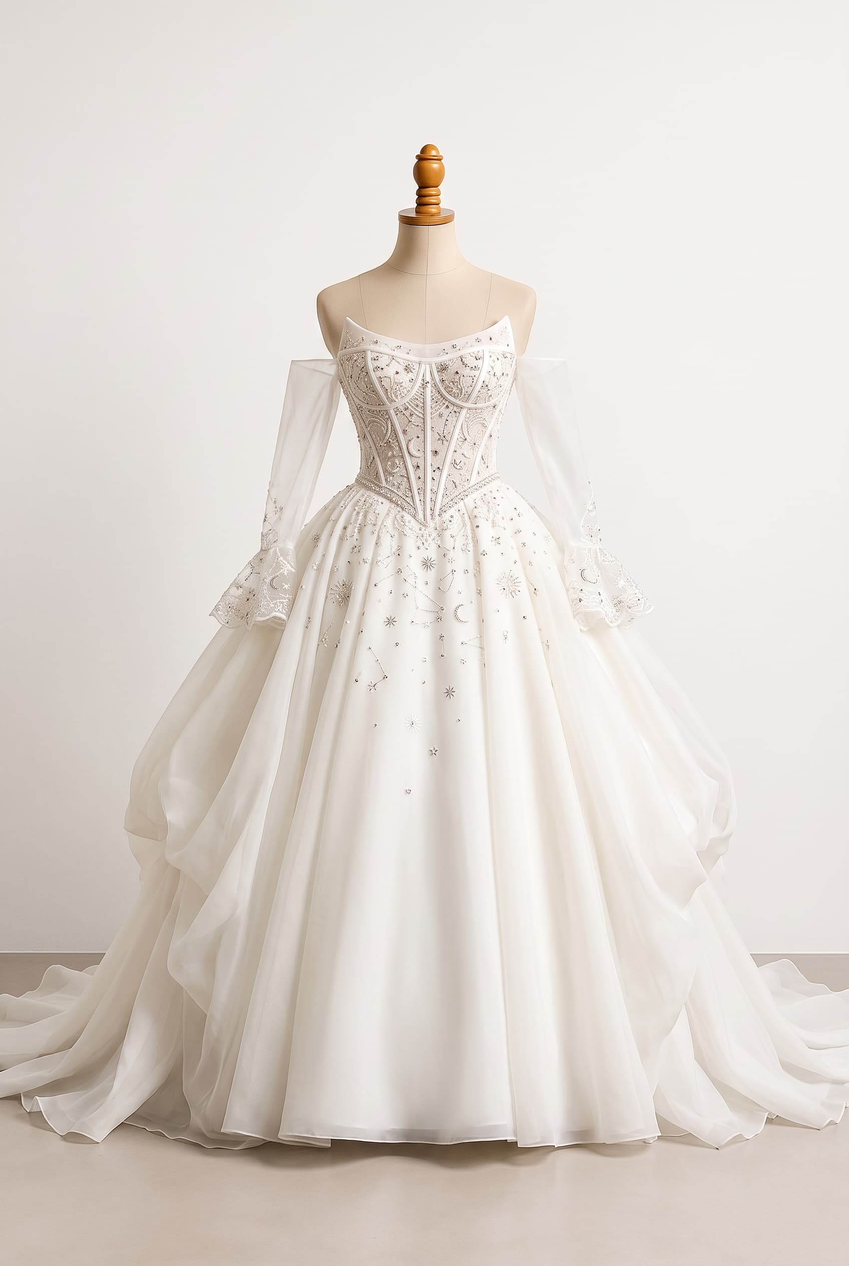 Vestido de novia de silueta princesa / ball gown, dramático, espectacular, elegante y sofisticado, con inspiración de cuento de hadas, celestial y romántico gótico; Falda muy abundante, fluida y ligera, con capas y volumen concentrado hacia los laterales y la parte trasera; frente relativamente limpio