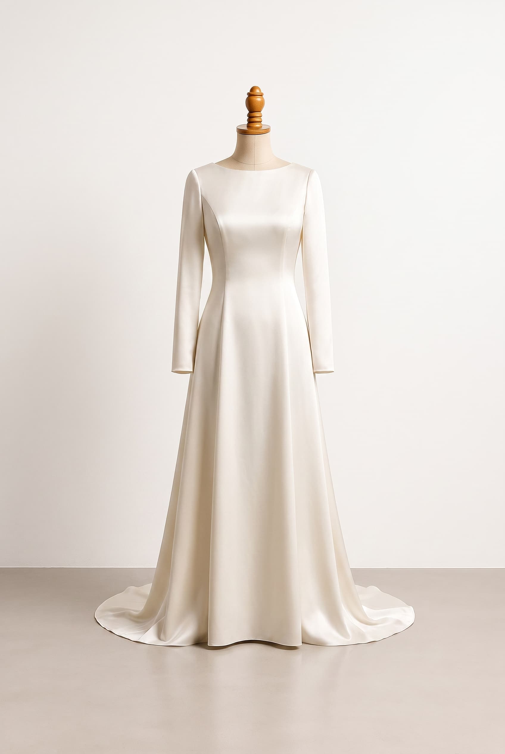 An old-money, high-value vegan wedding dress with timeless heritage elegance, quiet luxury, and an exceptionally polished couture finish