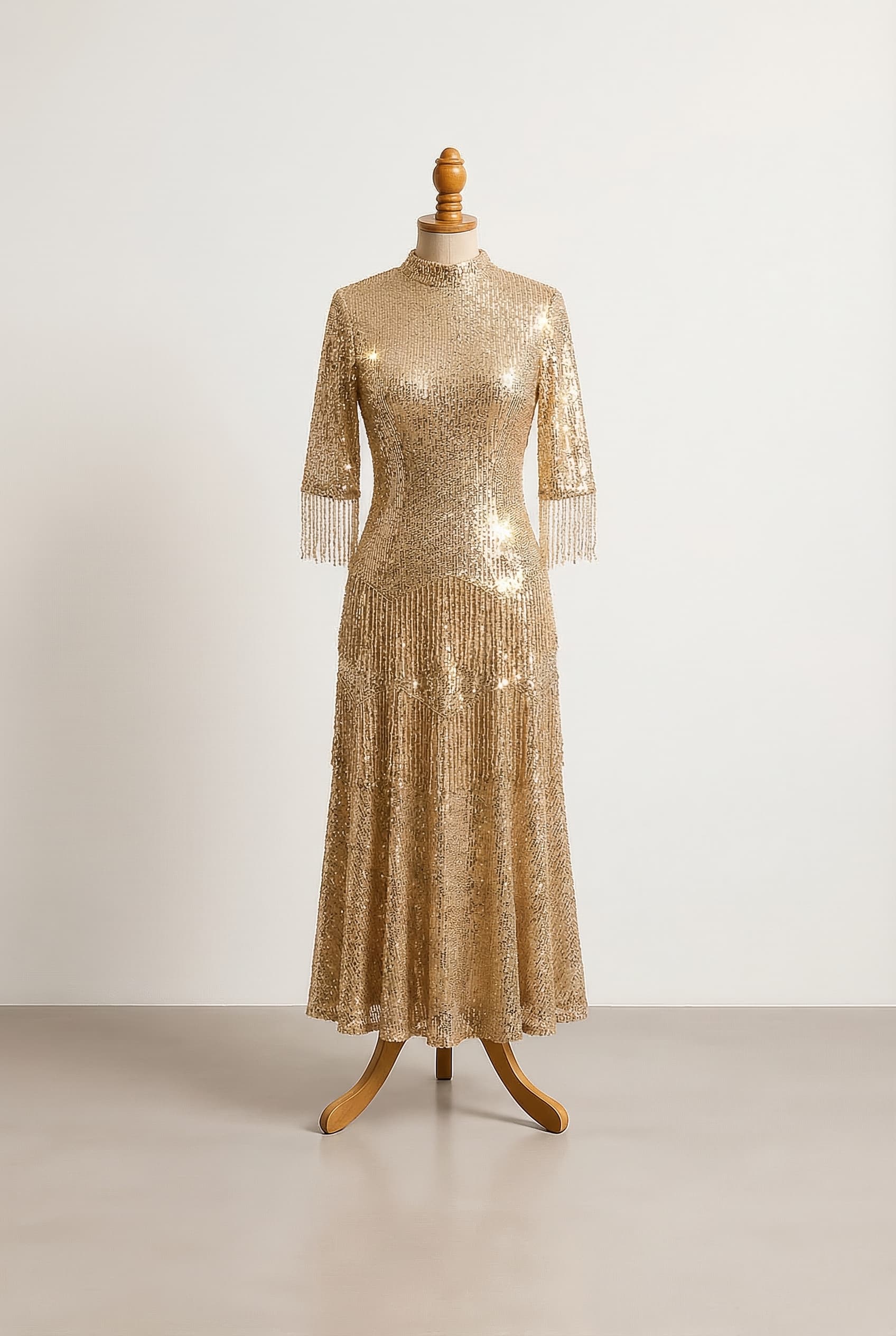Balanced prom dress gold dress flappers themed no cleavage ankle length Three-Quarter sleeve