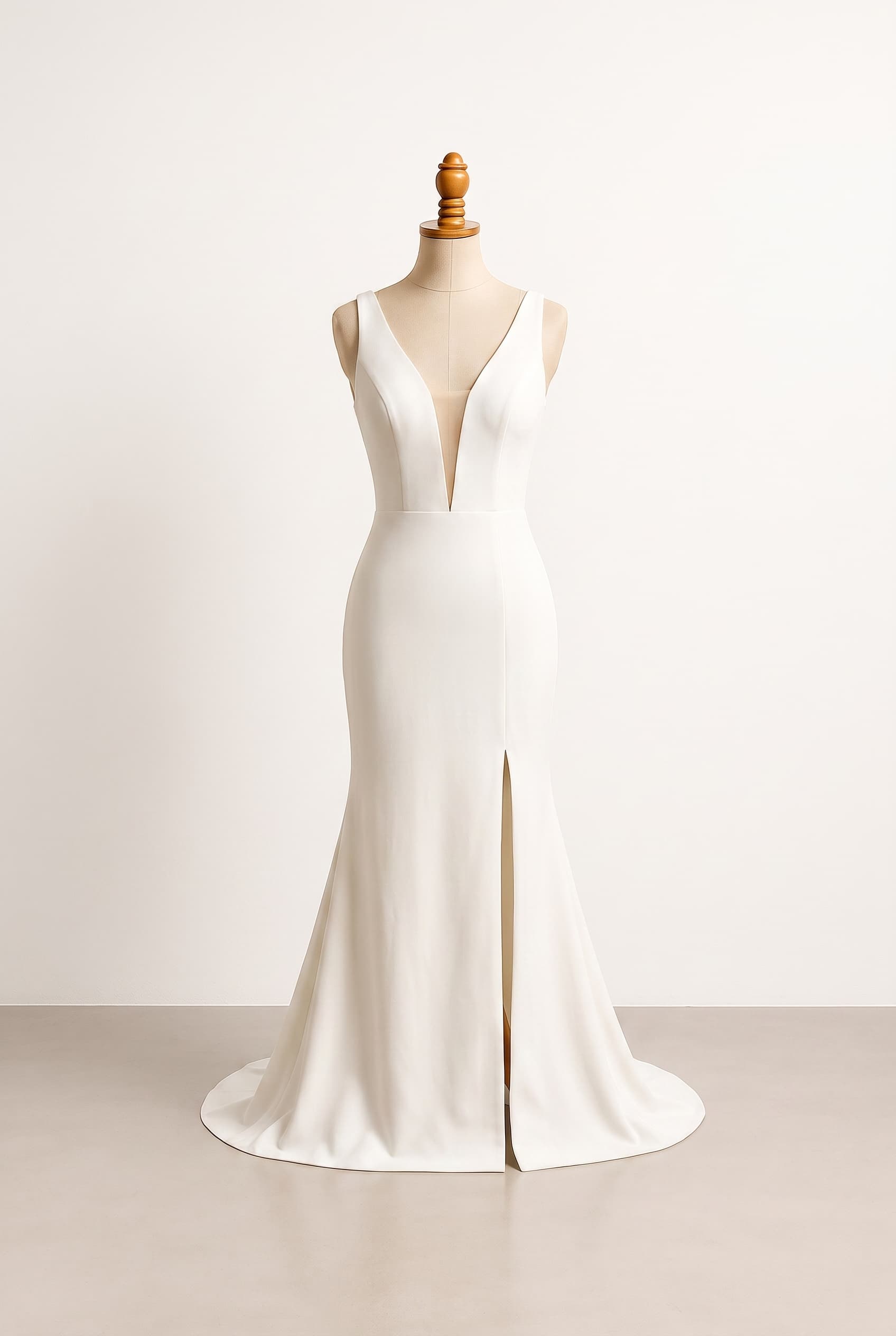 A revealing wedding gown with a dramatic deep plunge neckline, illusion mesh for support, fitted mermaid silhouette, and a bold thigh-high slit; elegant bridal styling with clean lines