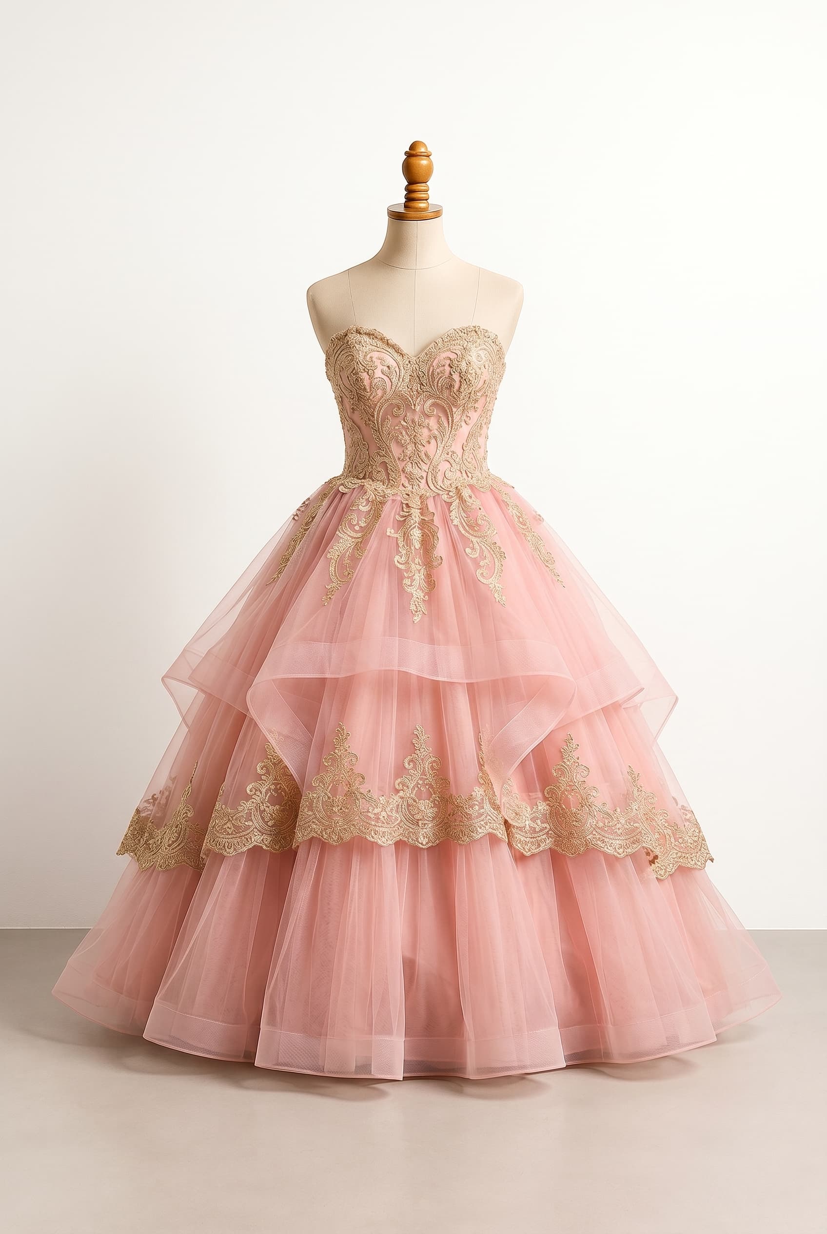 This dress is a beautiful fantasy princess ballgown for a ball, its a sweetheart top, with lace, tule, layers, its main color pink, with accants of gold