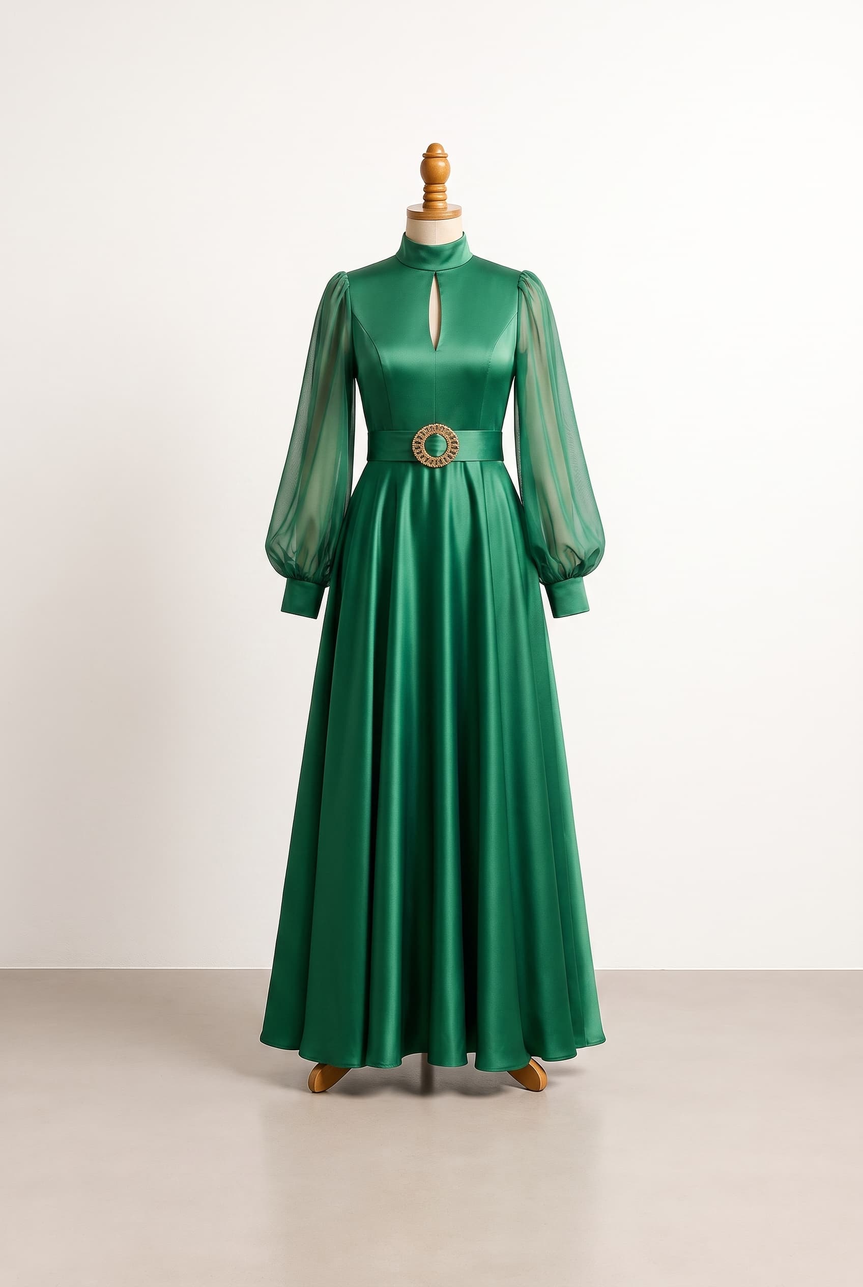 An elegant, romantic, sheer long bishop sleeves with softly puffed volume and fitted cuffs, high stand collar, natural waist, subtle keyhole opening, wide matching belt with an ornate round gold-tone