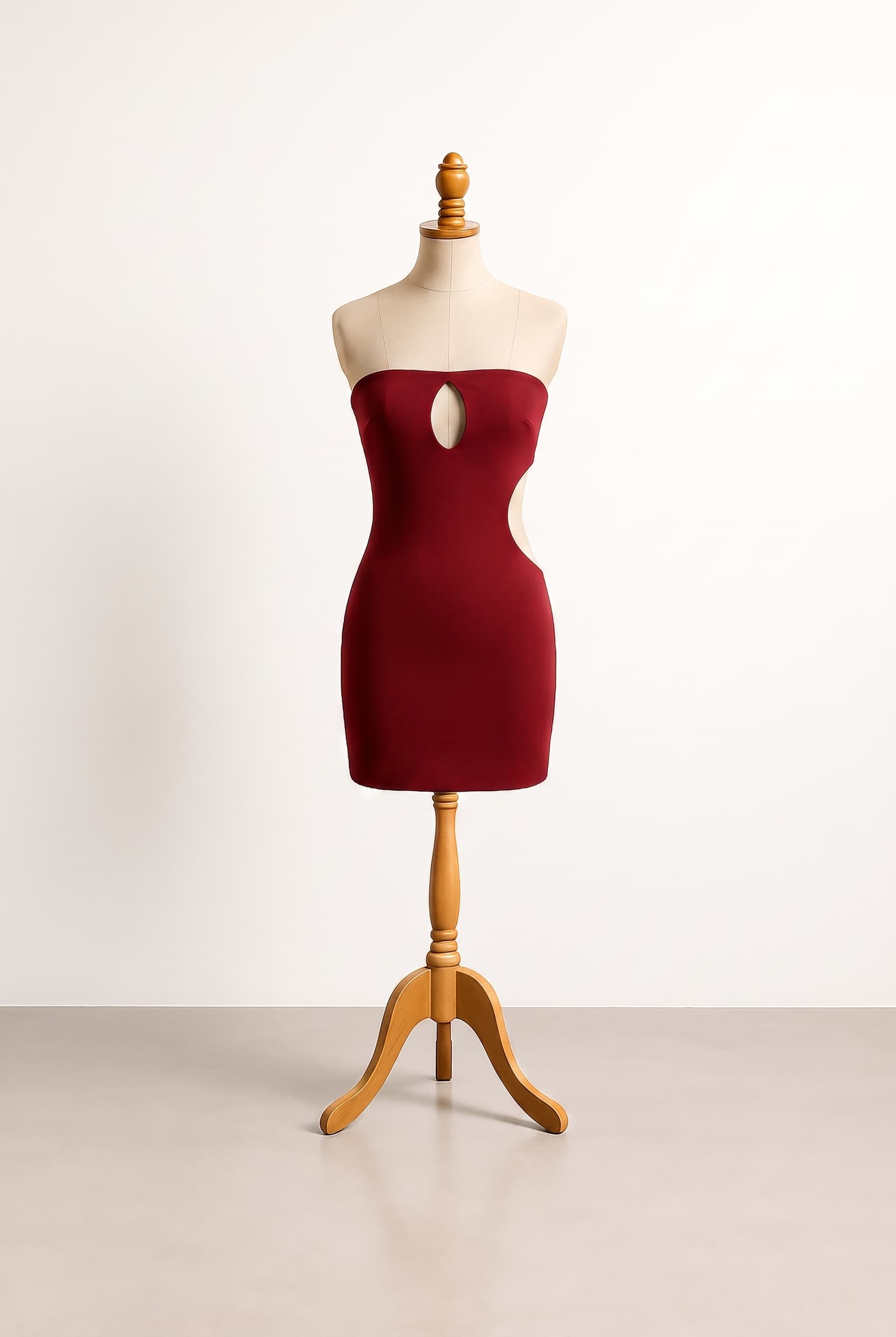 I want a revealing dress with no streps, on one side there’s like a long hole so you can see your side. Also a hole by your chest so like an open chest. It’s short, on your upper thighs, a dark red col; A daring dark red strapless mini dress featuring a dramatic cutout on one side of the torso, an open keyhole cutout at the chest, crafted in a sleek form-fitting silhouette; I don’t want sleeves, I want it to be strapless, so no neckline either. It ends above your chest; Truly strapless, so no neckline either. It ends above your chest; Truly strapless; Also want an; Review the attached front design image. Briefly describe what you see (color, silhouette, neckline, sleeves, length) and ask if the user wants changes or wants to move to back design; I want it to have dark red lace on the bottom and on the other side I want th same hole as on the right. Also add something shiny that’s not to much, something that stands out in a boring dress; A daring dark red strapless fitted mini dress with an open chest keyhole cutout and matching symmetrical cutouts on both left and right sides of the torso. The hem features a decorative dark red lace trim, and the fabric has a subtle, delicate shimmer finish; No sleeves; Yup. So add something shiny to it that stands out, but subtle; A daring dark red strapless fitted mini dress with an open chest keyhole cutout and matching symmetrical cutouts on both left and right sides of the torso. The hem features a decorative dark red lace trim, and the cutouts are subtly outlined with delicate rhinestone piping to add a touch of sparkle to the subtle shimmer fabric.
