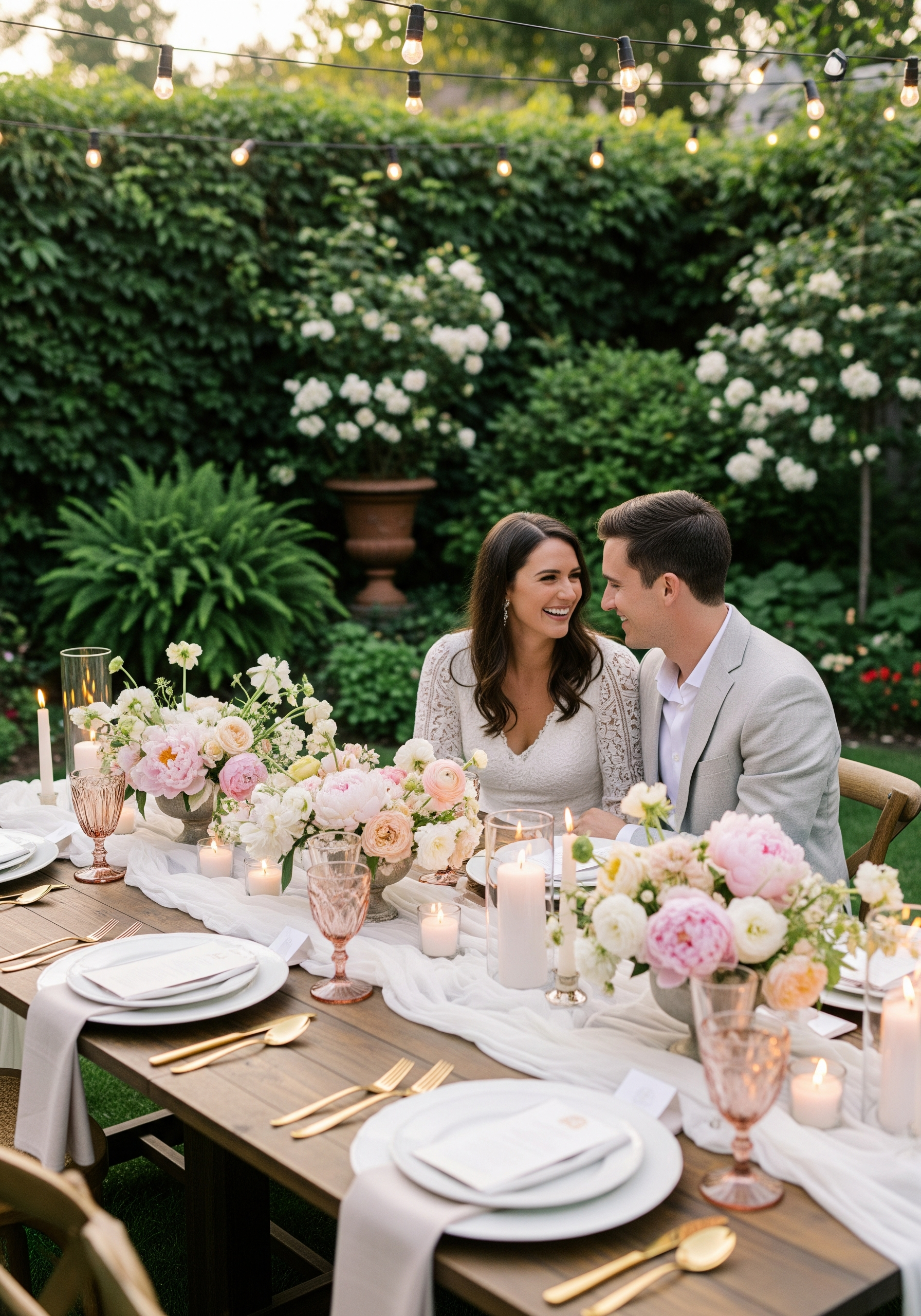 Backyard micro-wedding tablescape with string lights and pastel florals