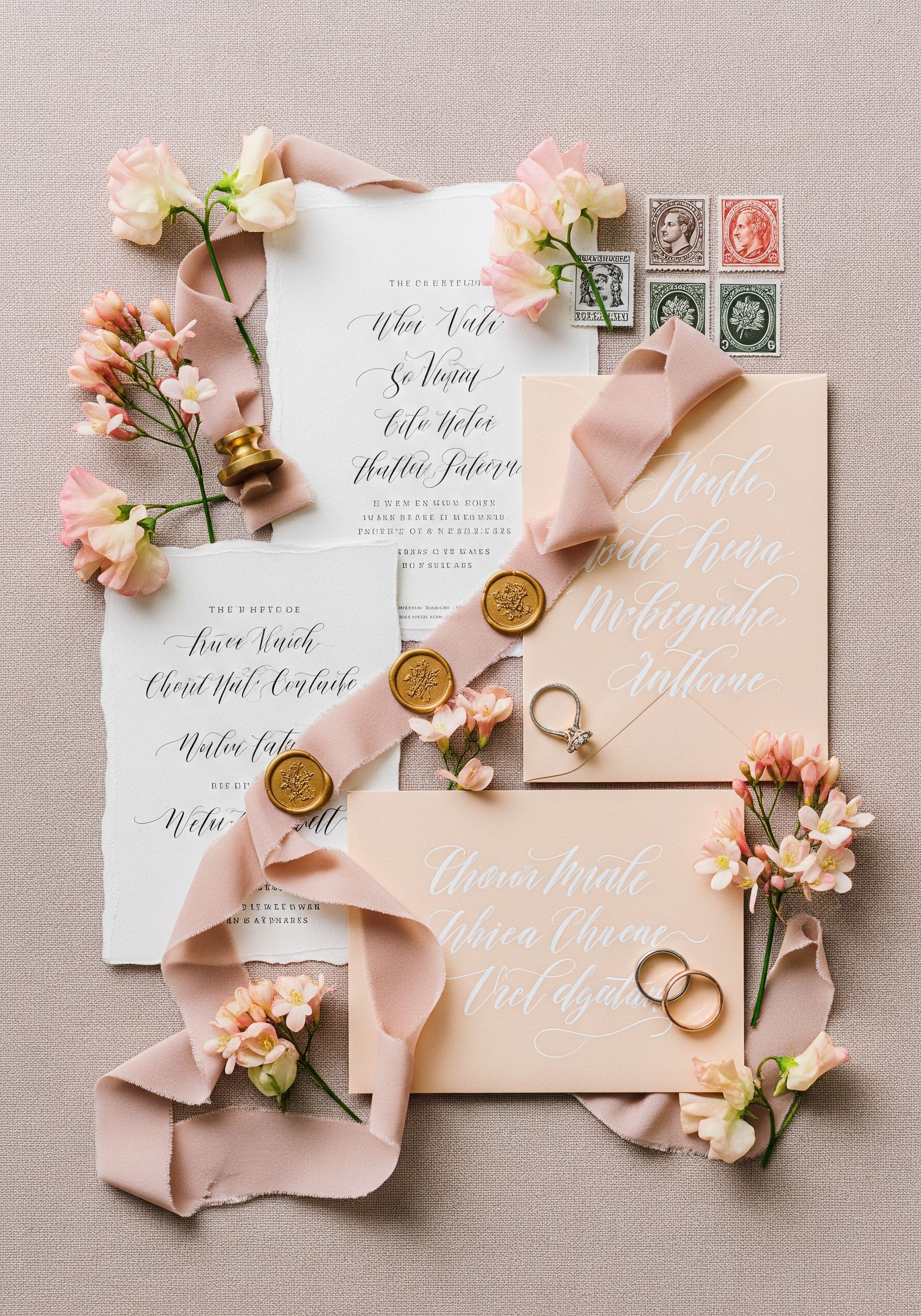 Chic pastel wedding stationery flatlay with silk ribbon and textured linen